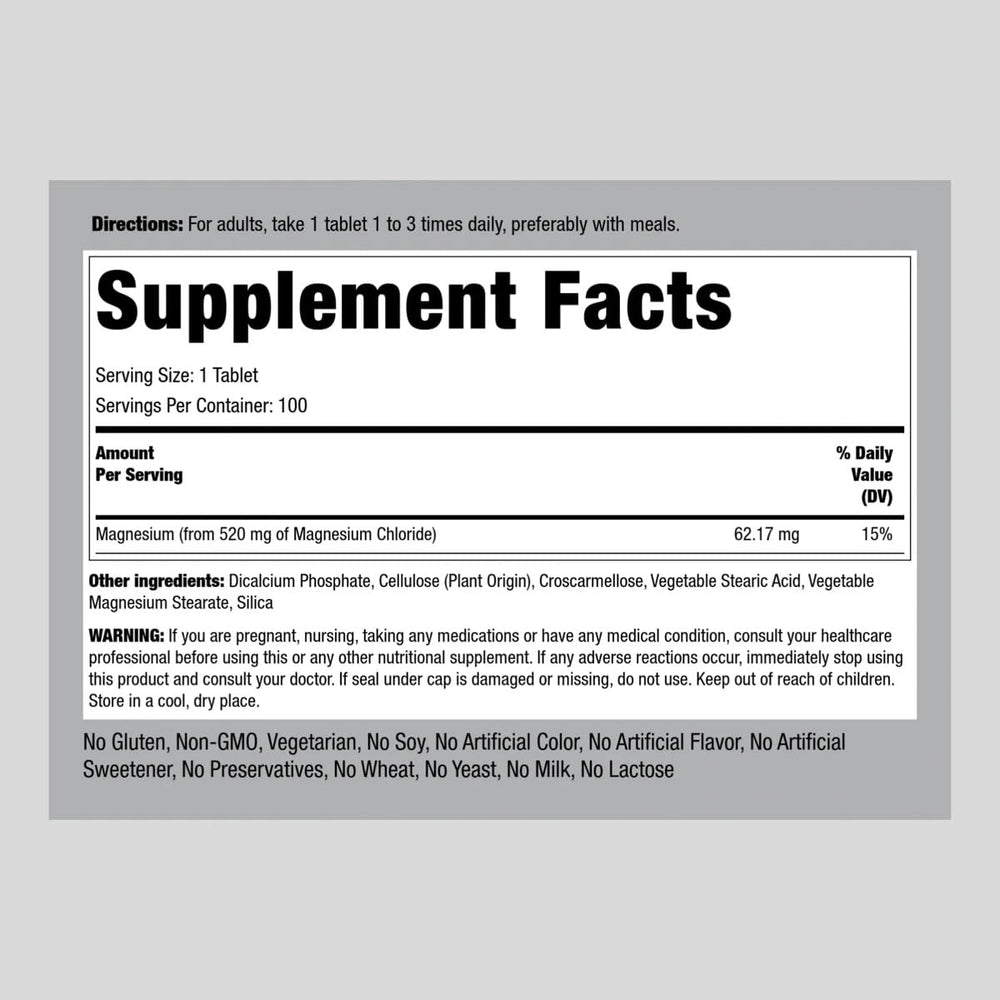 Back view with dosage information - Piping Rock Magnesium Chloride 520mg