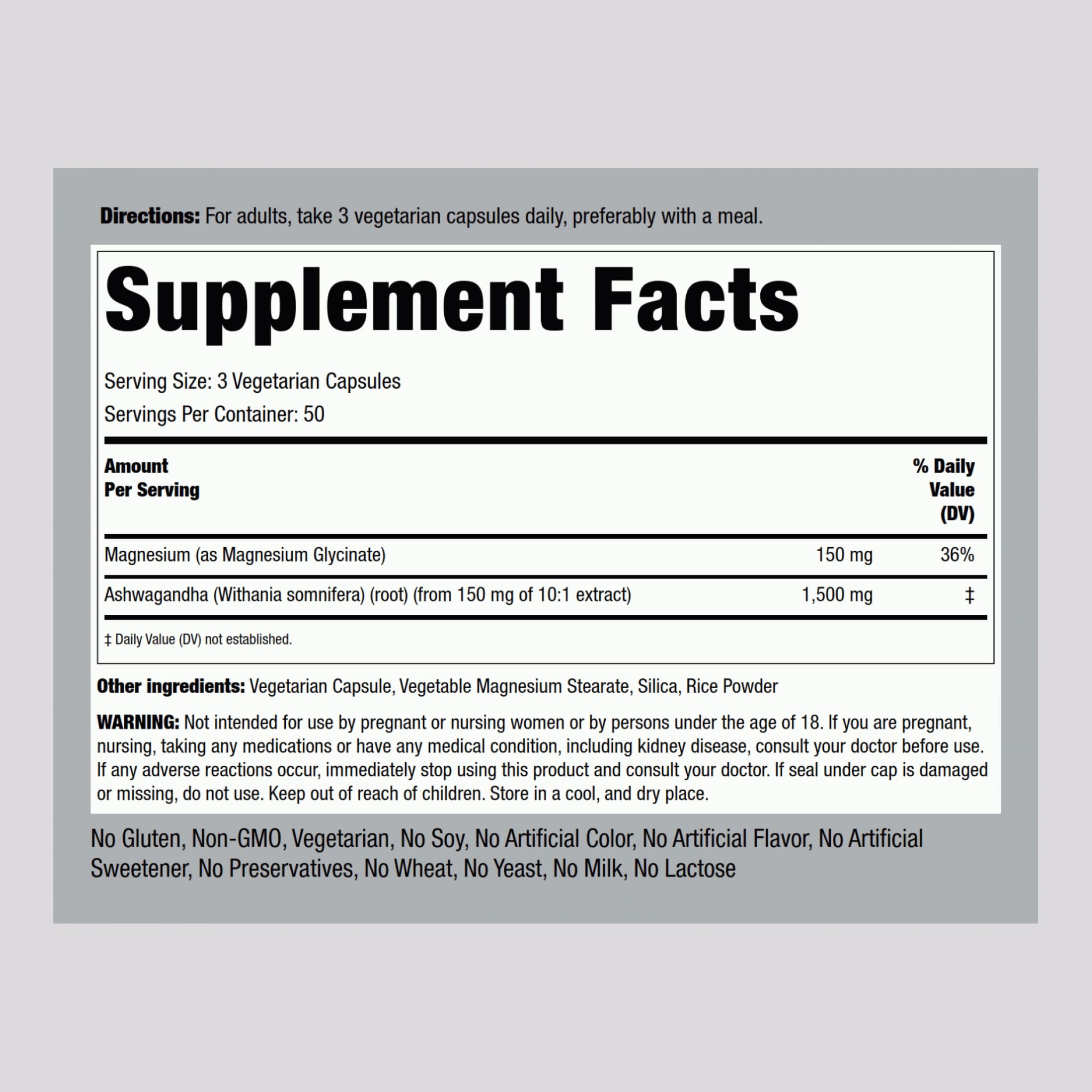 Piping Rock Magnesium Glycinate & Ashwagandha bottle with capsules side view