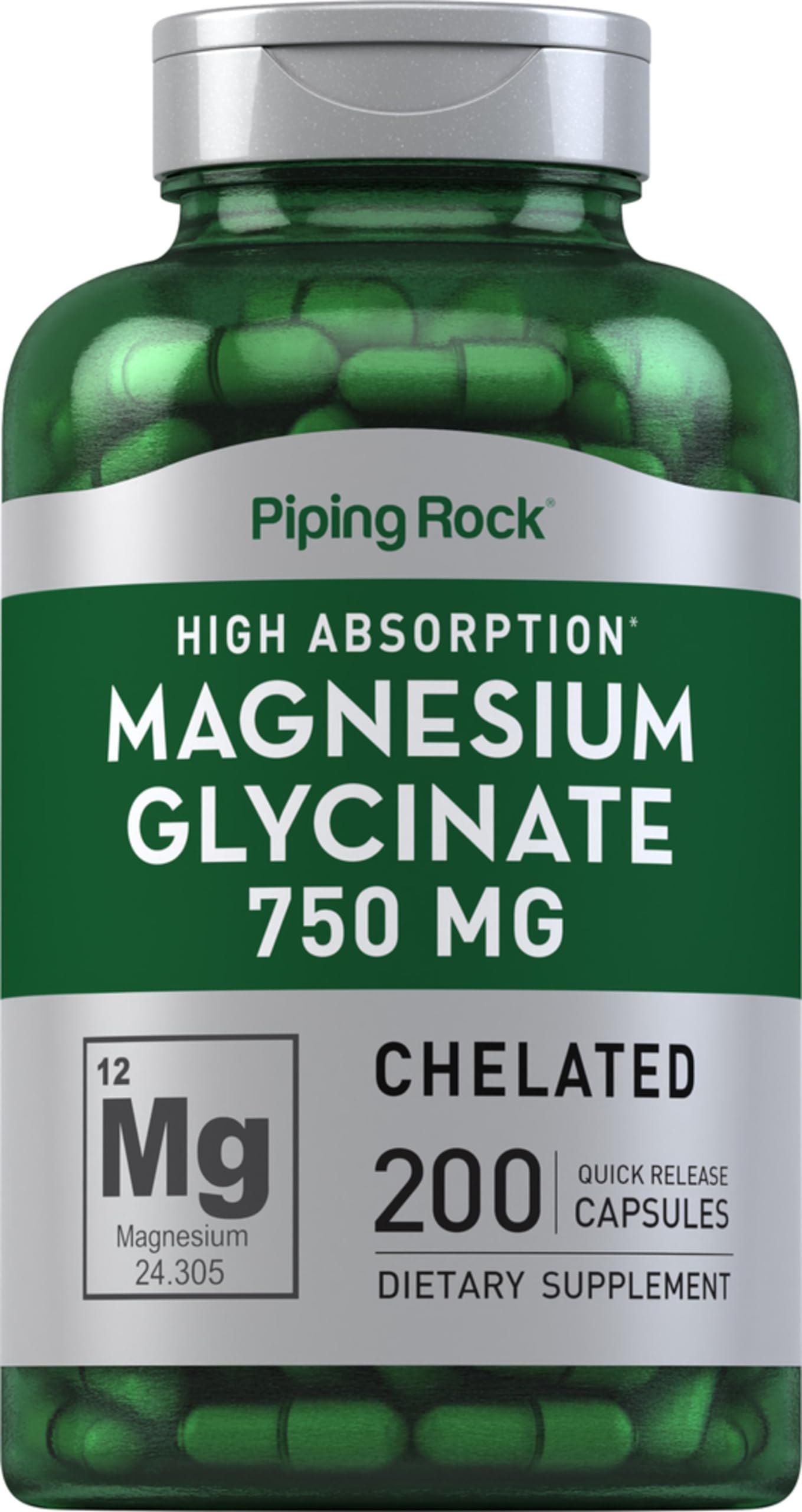 Bottle of Piping Rock Magnesium Glycinate Chelated Capsules - 750mg