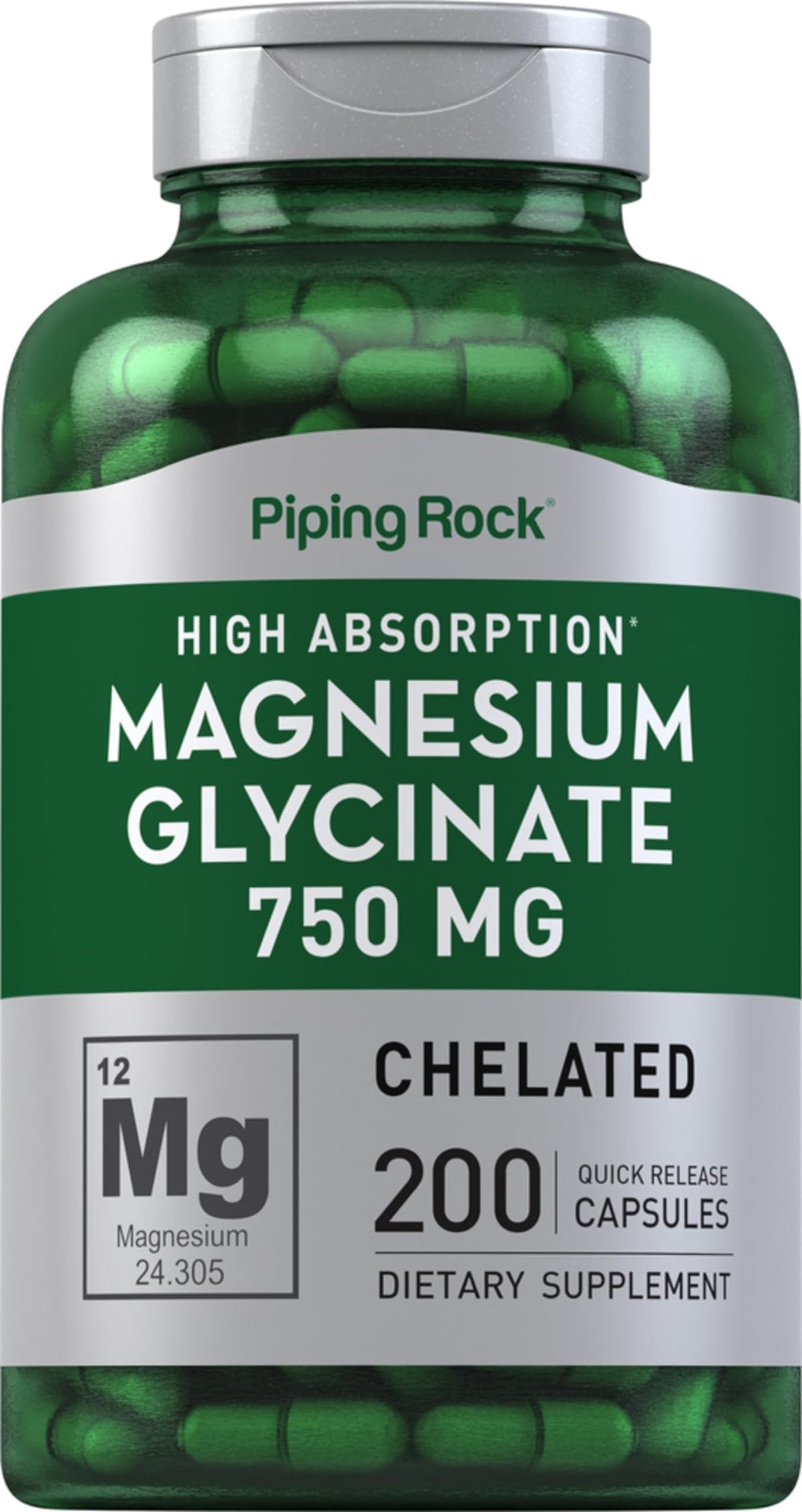 Bottle of Piping Rock Magnesium Glycinate Chelated Capsules - 750mg