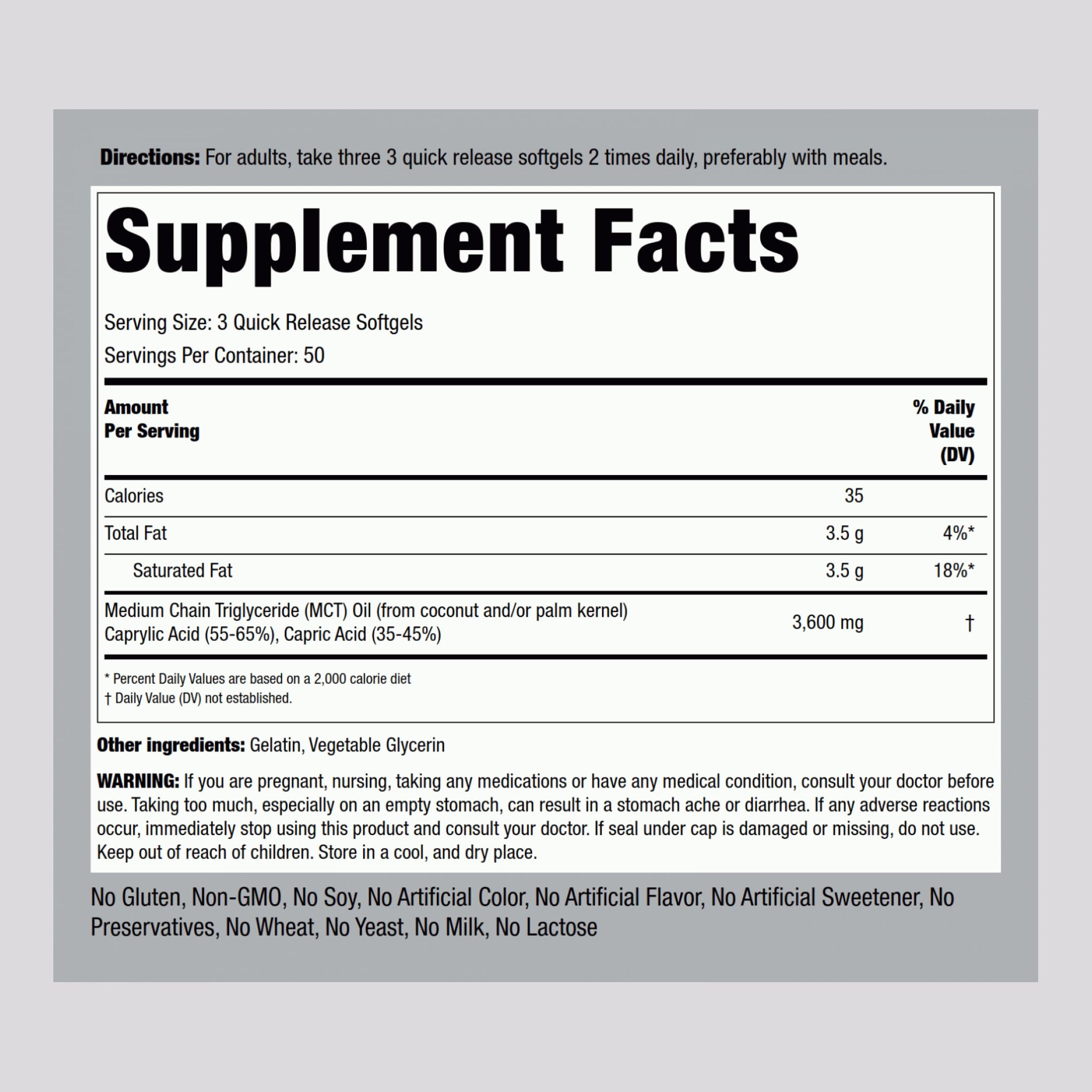 Back view of Piping Rock MCT Oil Softgel Capsules pack showing supplement facts
