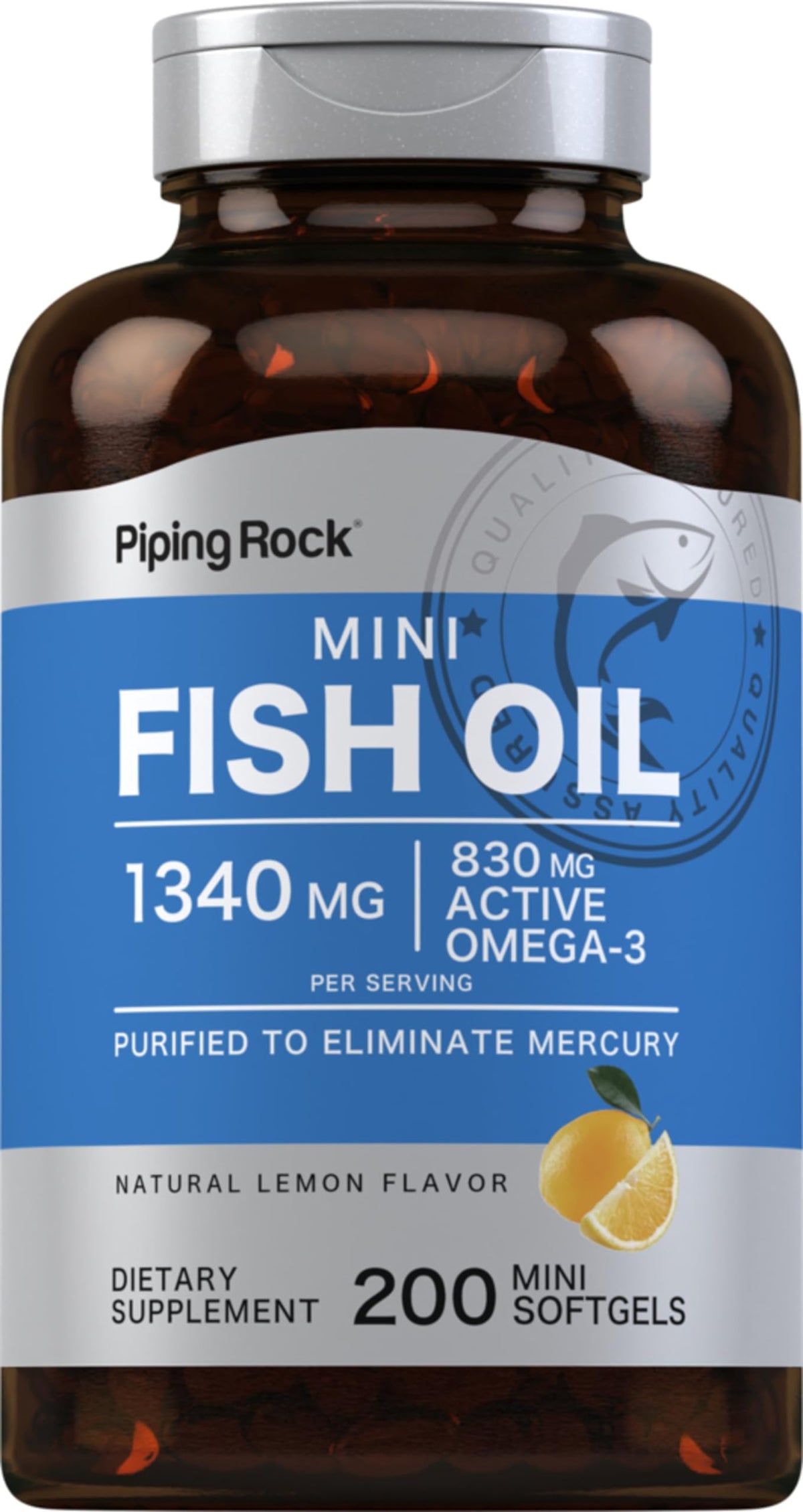 Piping Rock Mini Fish Oil 1340mg bottle with lemon-flavored softgels - 200 count