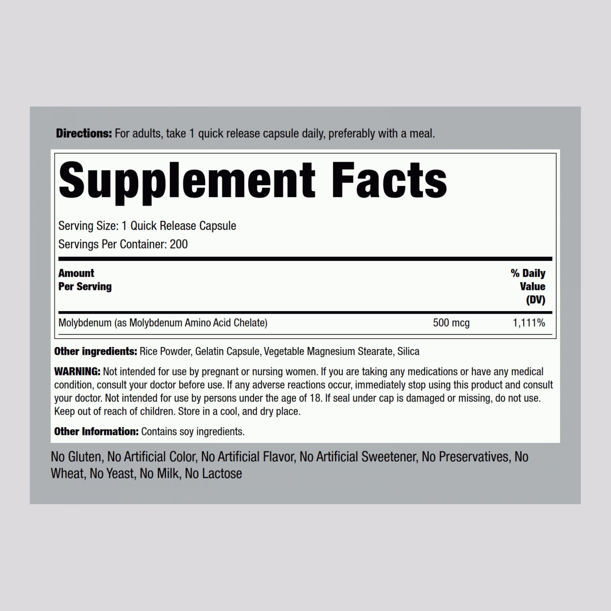 Close-up of Piping Rock Molybdenum 500 mcg label