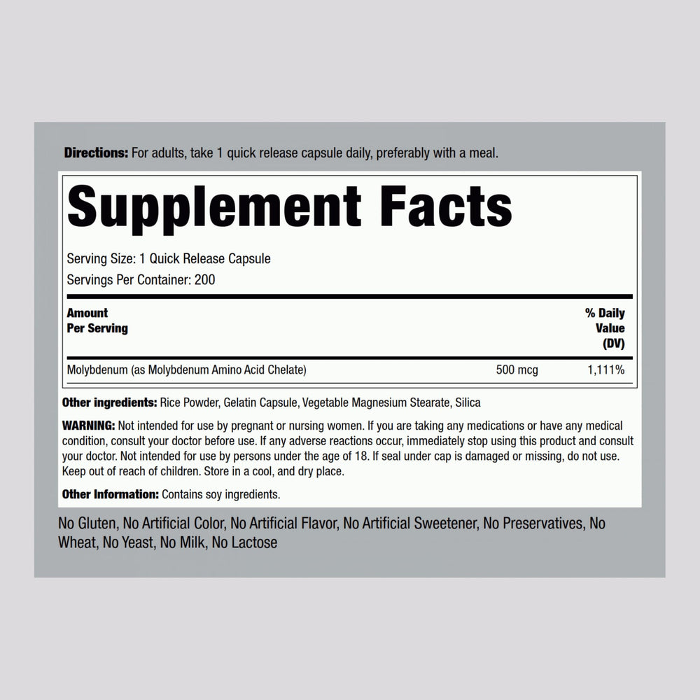 Close-up of Piping Rock Molybdenum 500 mcg label