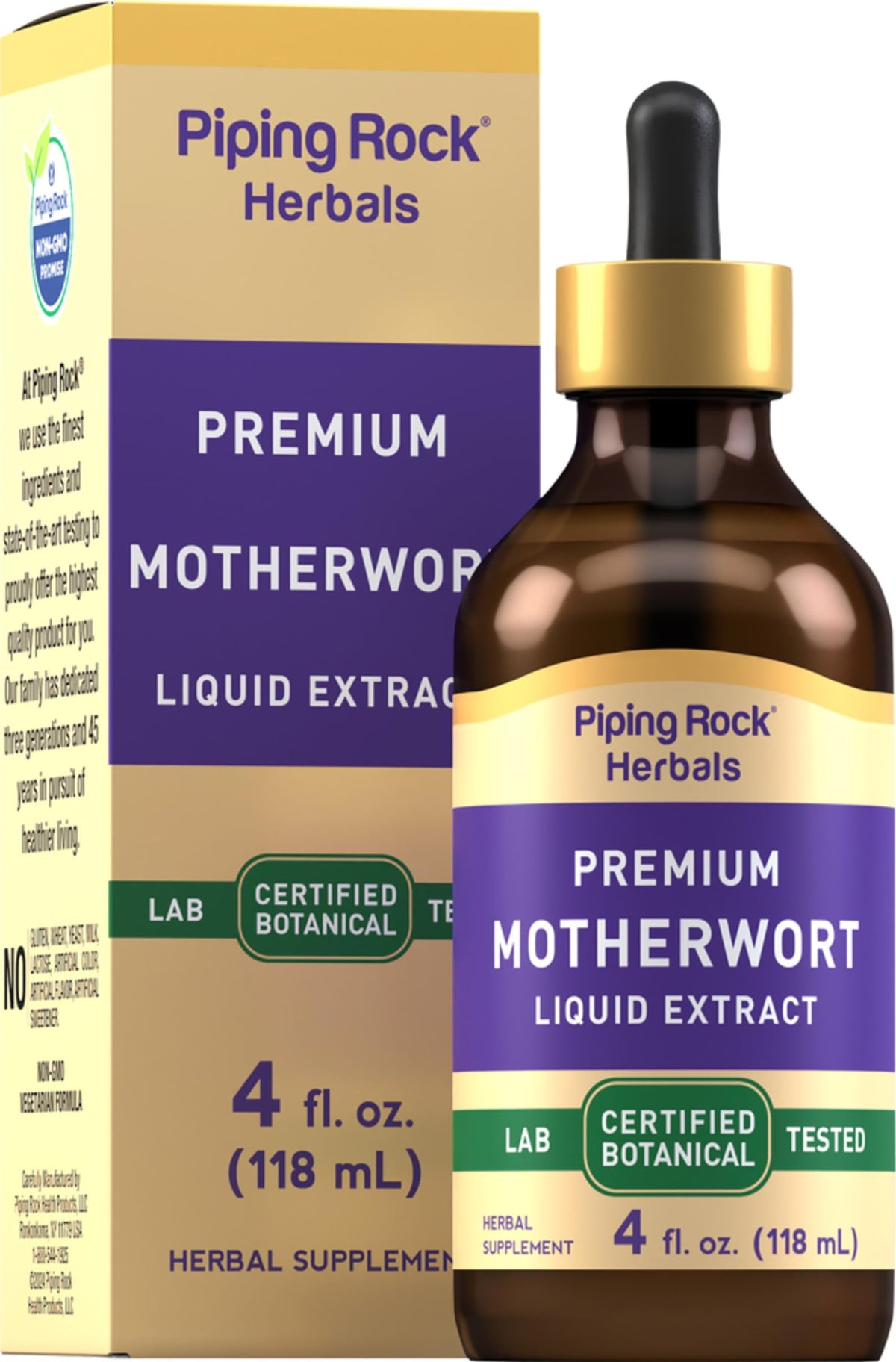 Piping Rock Motherwort tincture bottle with dropper for easy, precise dosing.