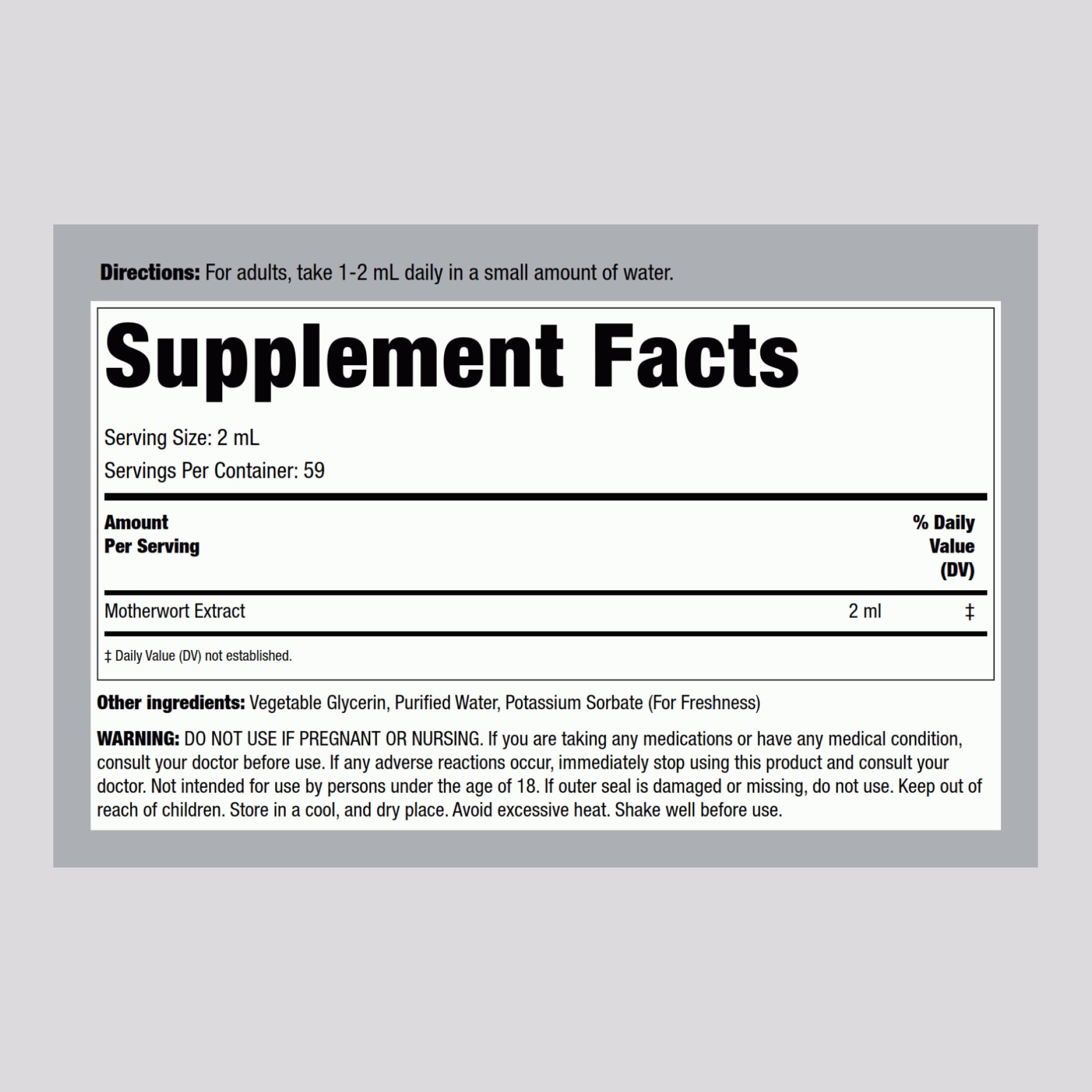 Piping Rock Motherwort tincture amber bottle highlighting alcohol-free extract.