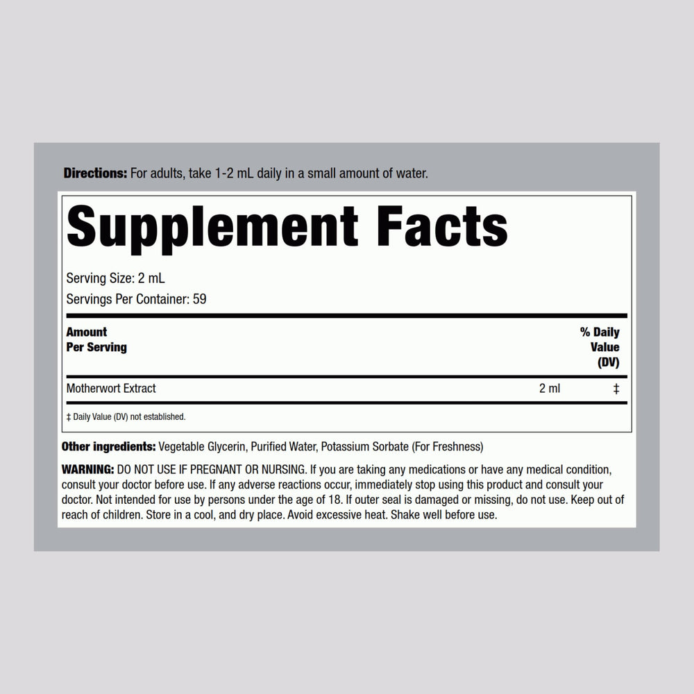 Piping Rock Motherwort tincture amber bottle highlighting alcohol-free extract.