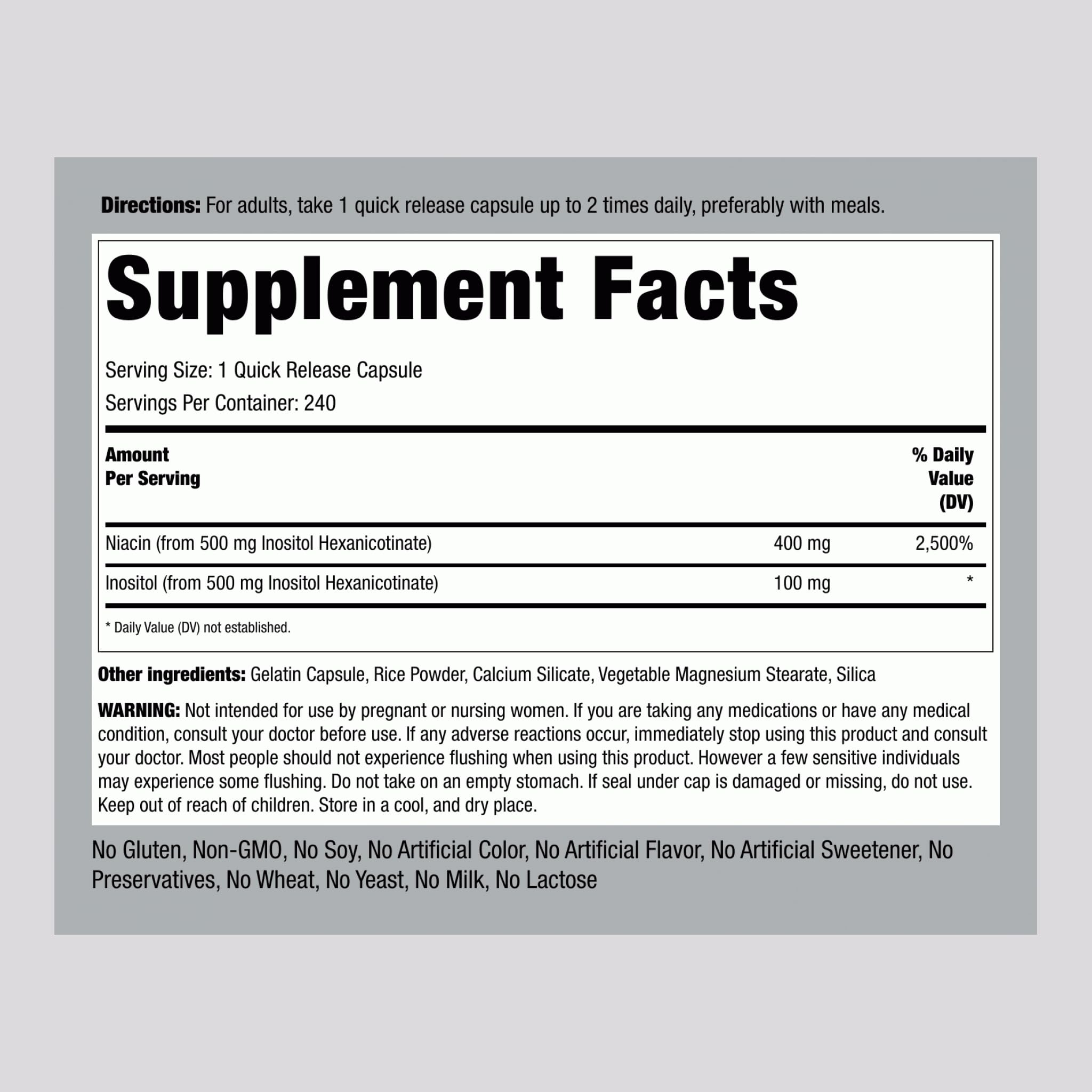 Front view of Piping Rock Niacin 500mg bottle with label