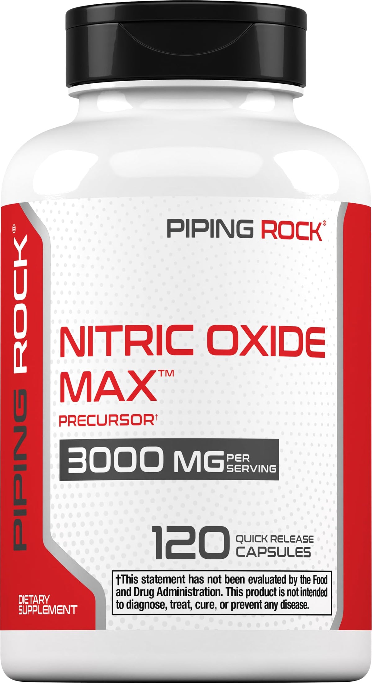 Piping Rock Nitric Oxide bottle front for workouts and daily energy.
