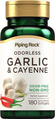 Bottle of Piping Rock Odorless Garlic Softgels with cayenne extract