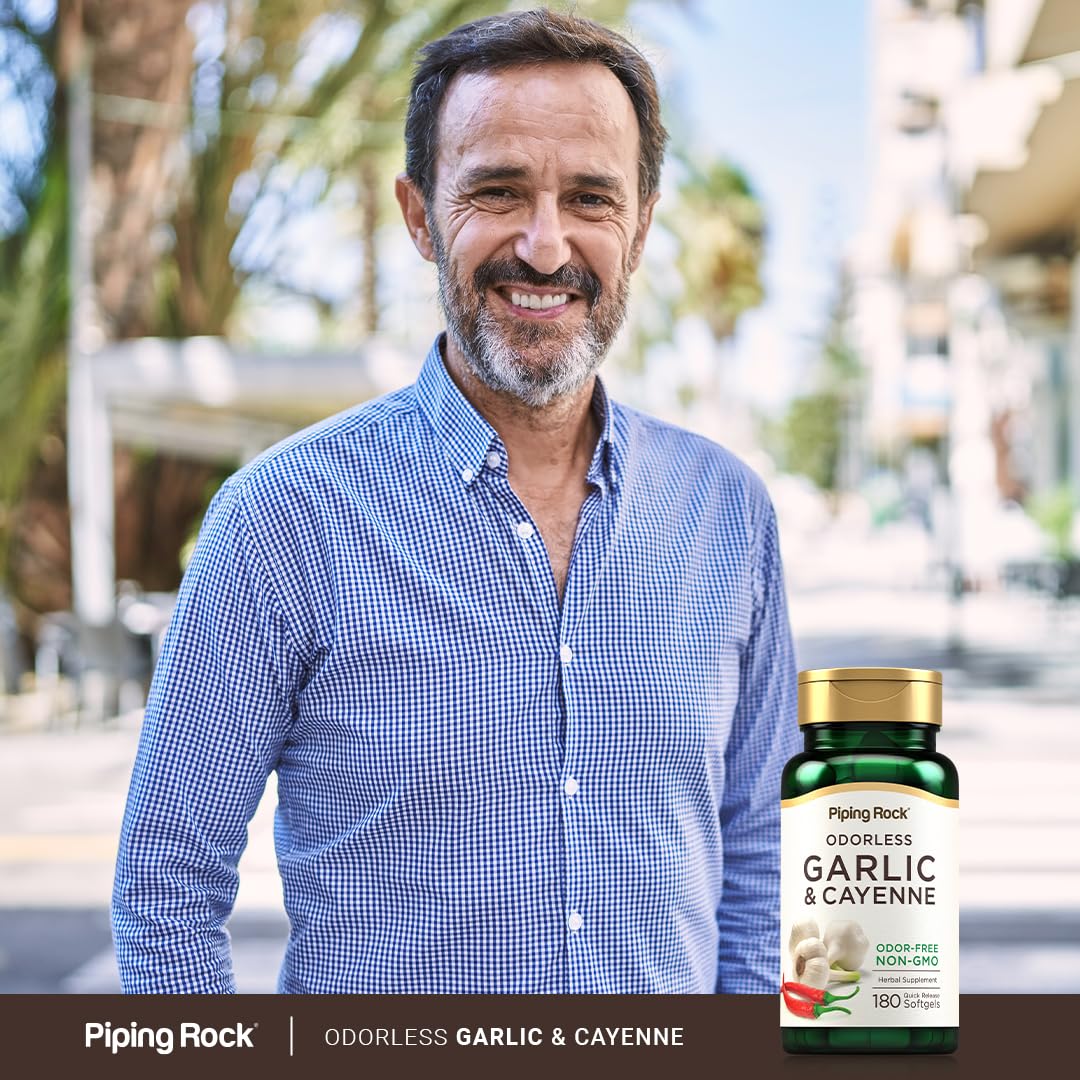 Front of Piping Rock Odorless Garlic Softgels bottle showing label