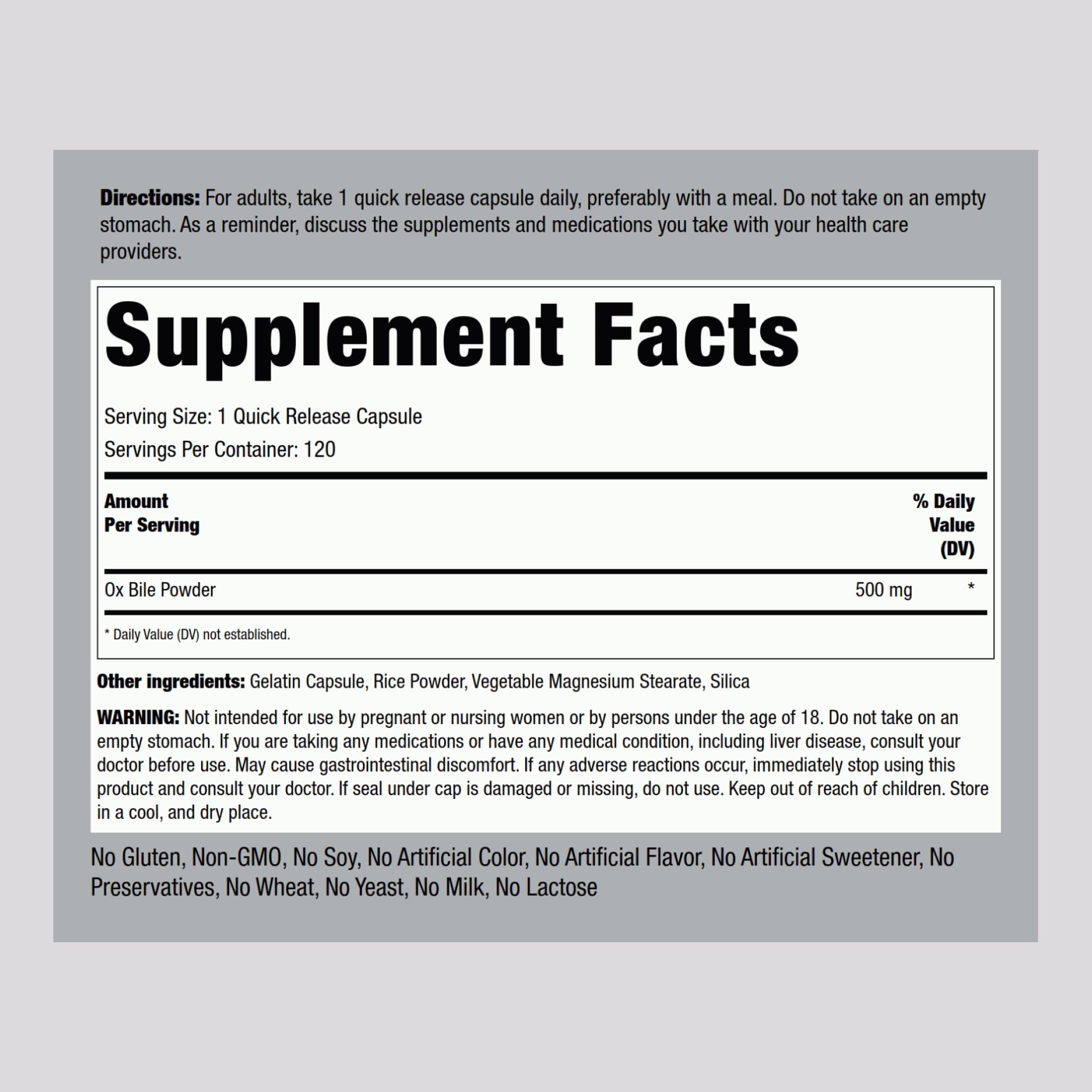Ox bile supplement ingredients panel showing 500 mg per serving