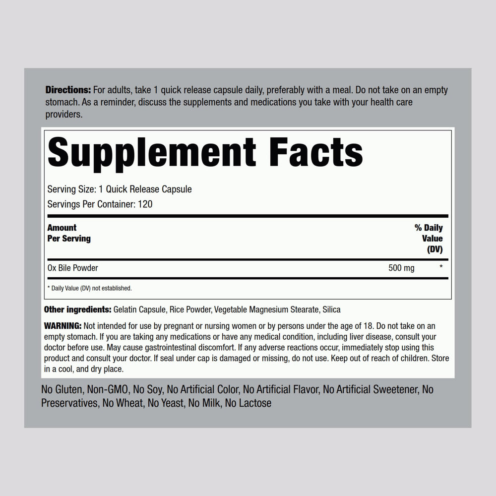 Ox bile supplement ingredients panel showing 500 mg per serving