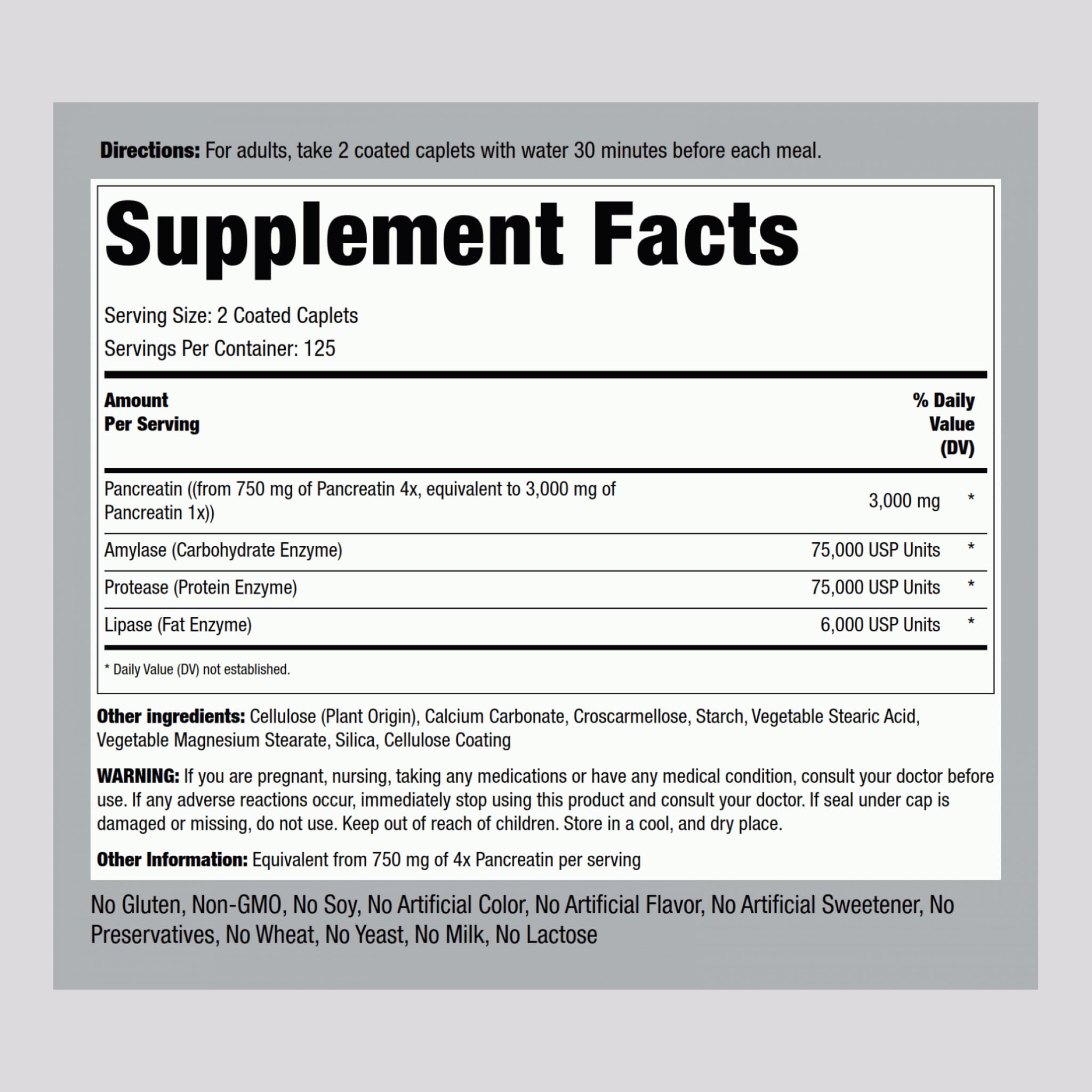 Close-up of Piping Rock Pancreatin Digestive Enzymes label - 3000mg