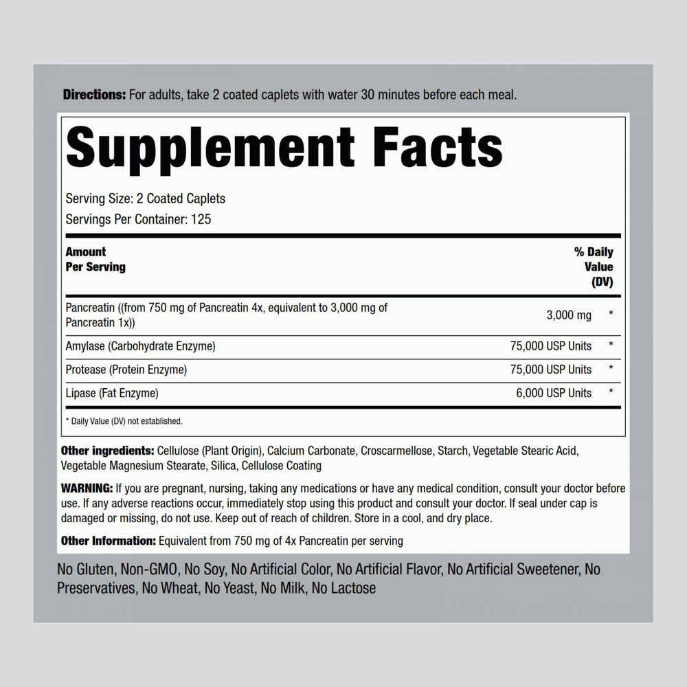 Close-up of Piping Rock Pancreatin Digestive Enzymes label - 3000mg