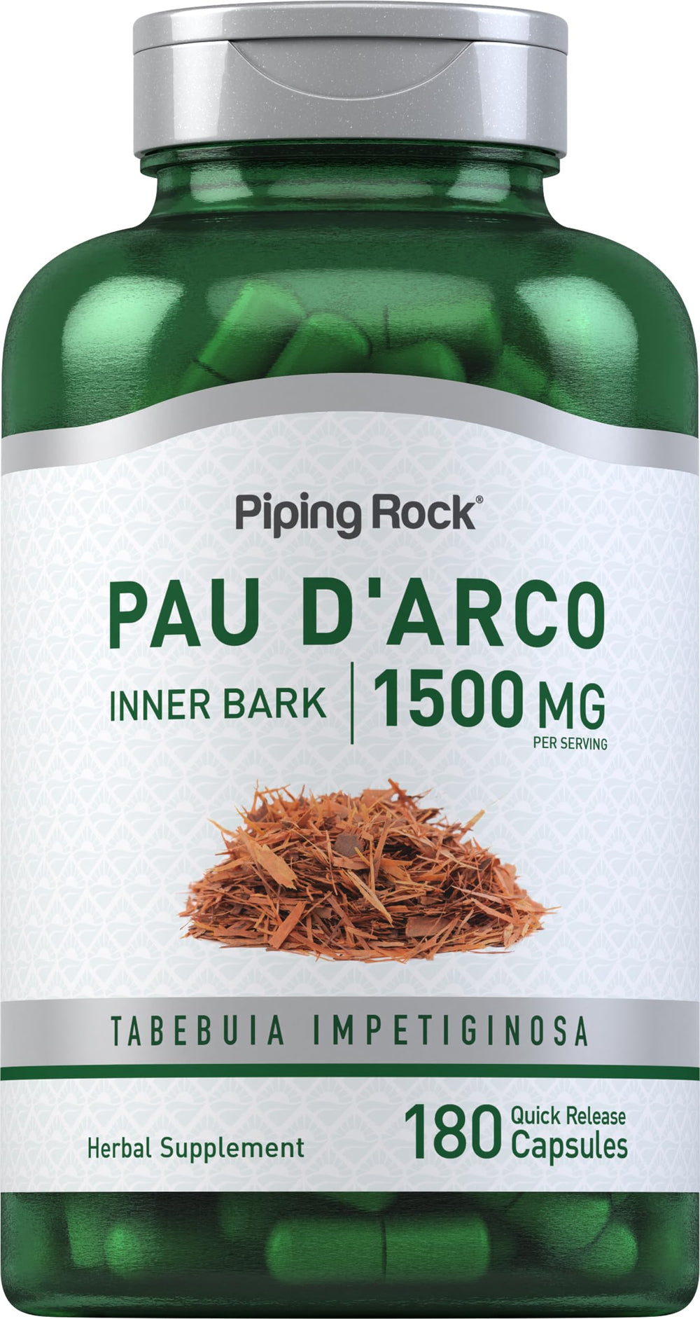 Piping Rock PAU D'Arco capsules 1500 mg per serving with 180 pills, inner bark