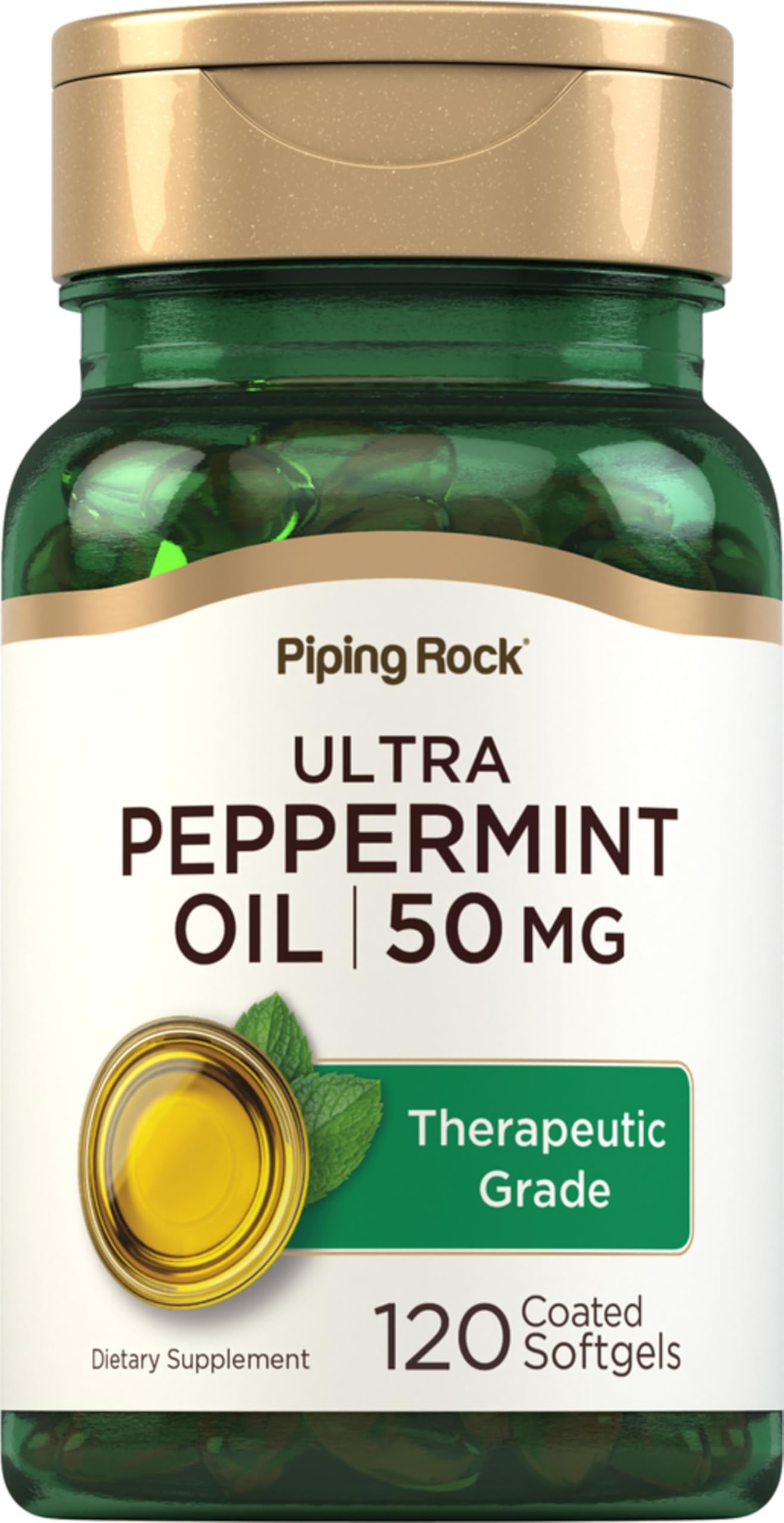 Bottle of Piping Rock Peppermint Oil Softgel Capsules with label