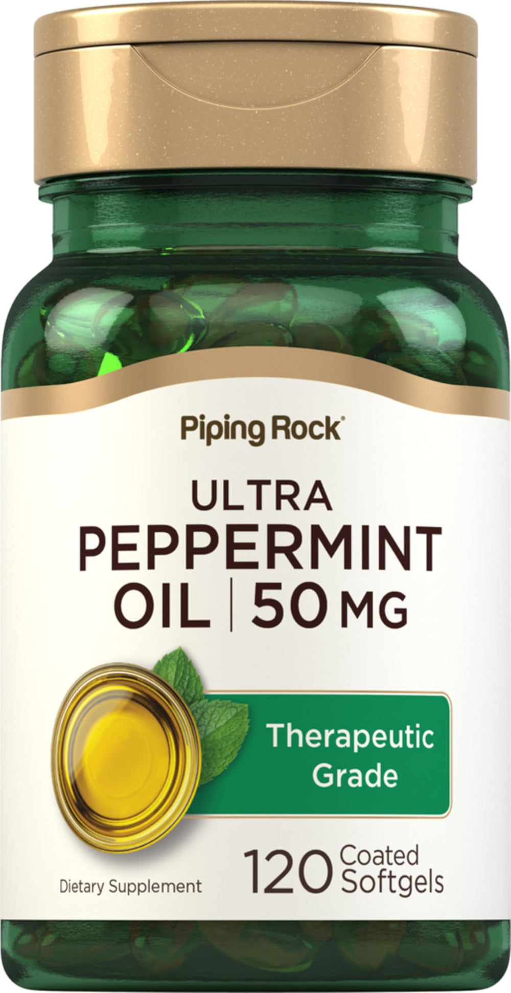Bottle of Piping Rock Peppermint Oil Softgel Capsules with label