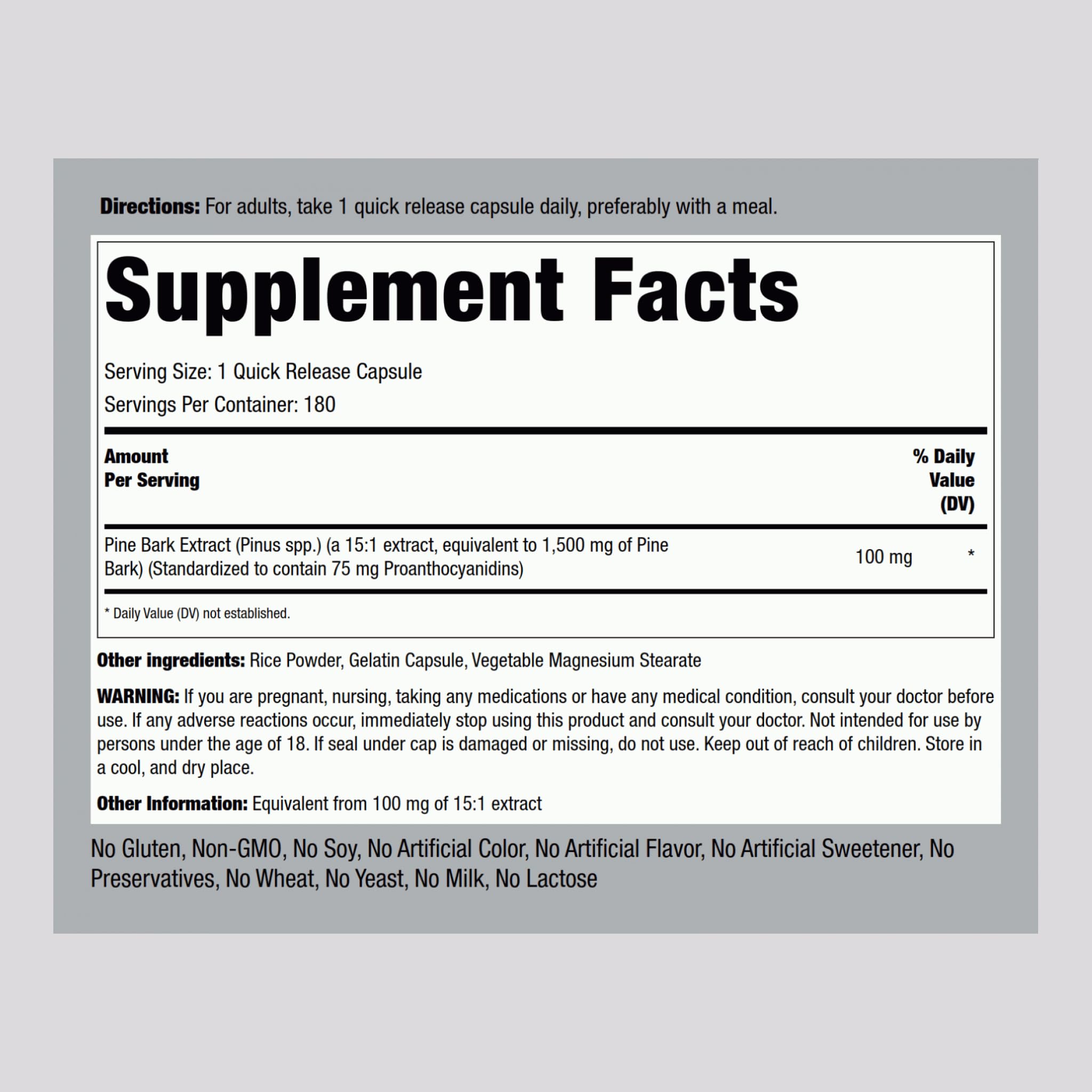 Close-up of Pine Bark Extract Capsules bottle label