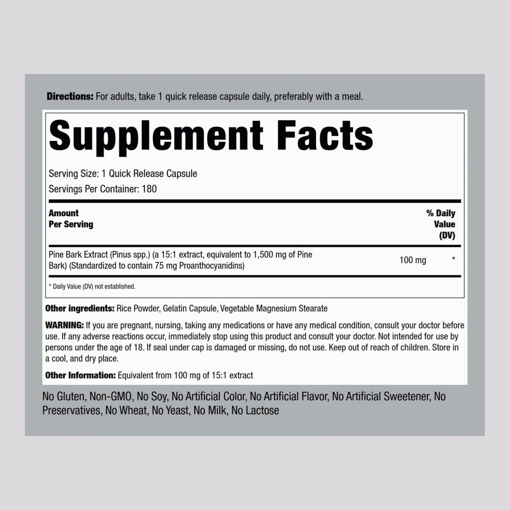 Close-up of Pine Bark Extract Capsules bottle label