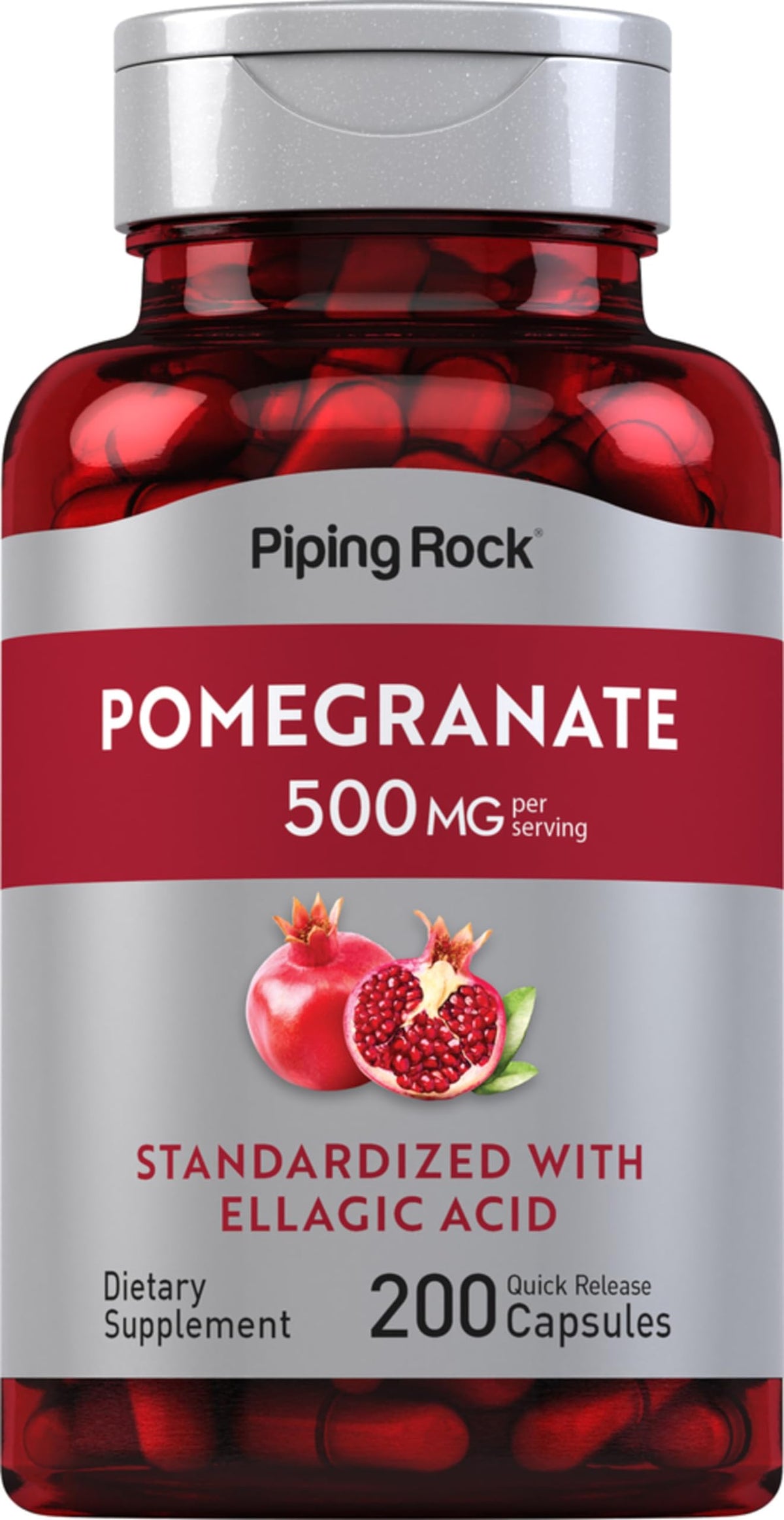 Piping Rock pomegranate extract bottle label shows 500 mg per serving for daily wellness.