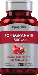 Piping Rock pomegranate extract bottle label shows 500 mg per serving for daily wellness.