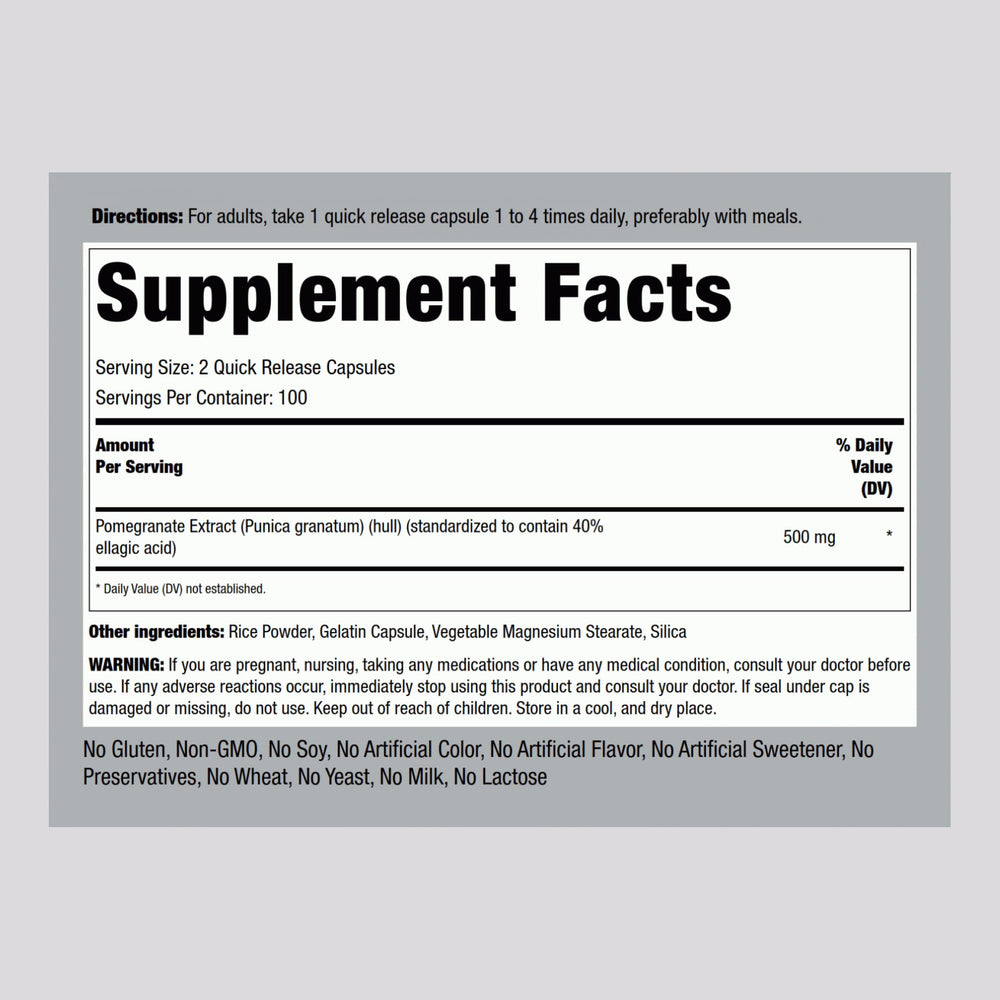 Piping Rock pomegranate extract capsules close-up shows quick-release design for easy daily use.