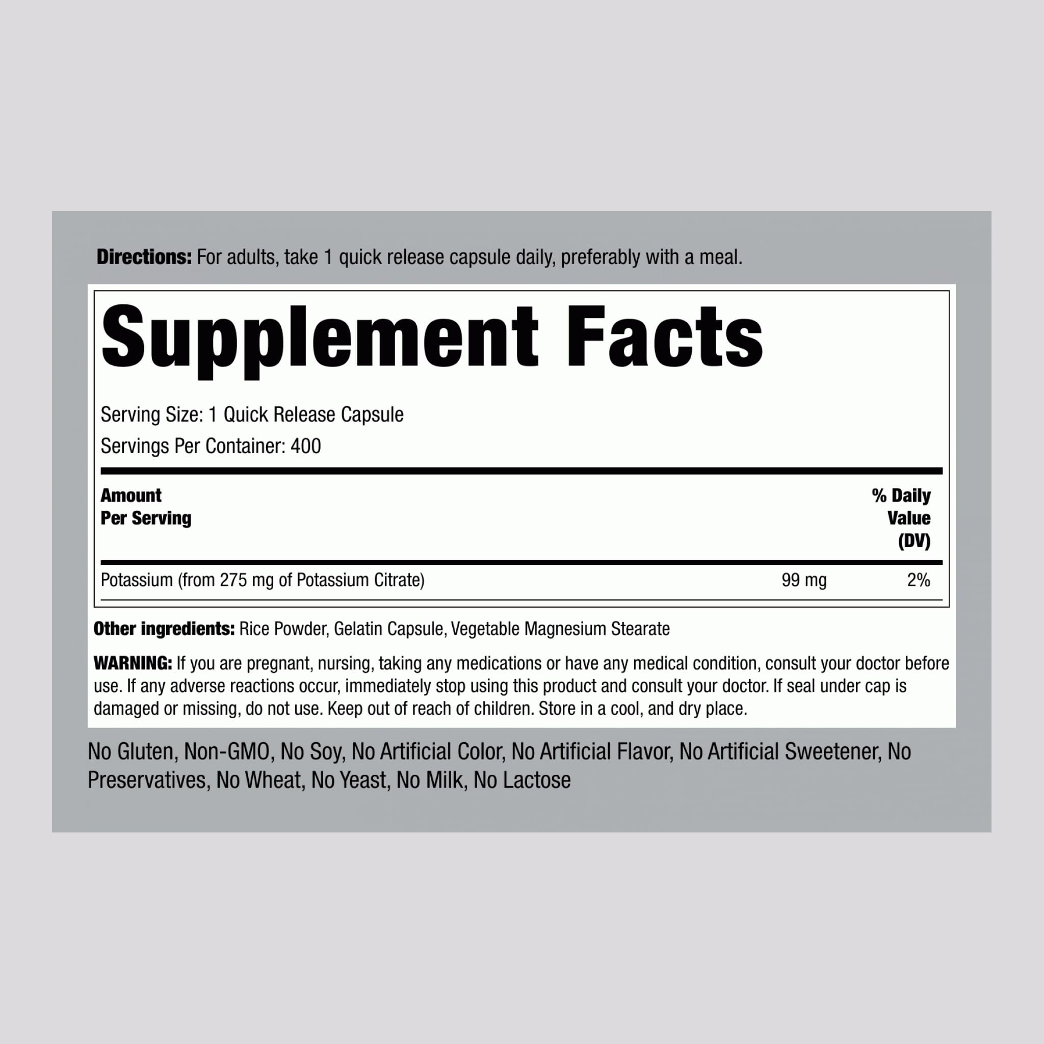Potassium citrate supplement label featuring Non-GMO and gluten-free information