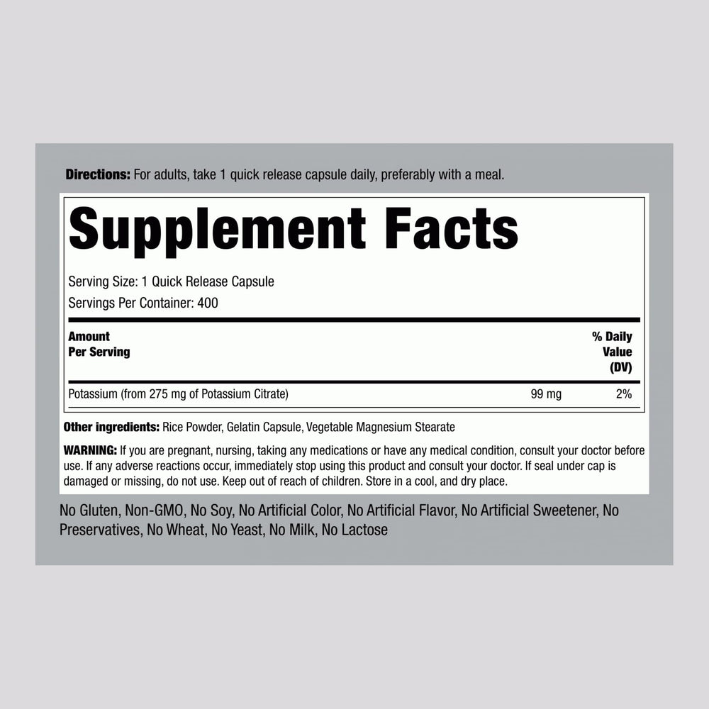 Potassium citrate supplement label featuring Non-GMO and gluten-free information