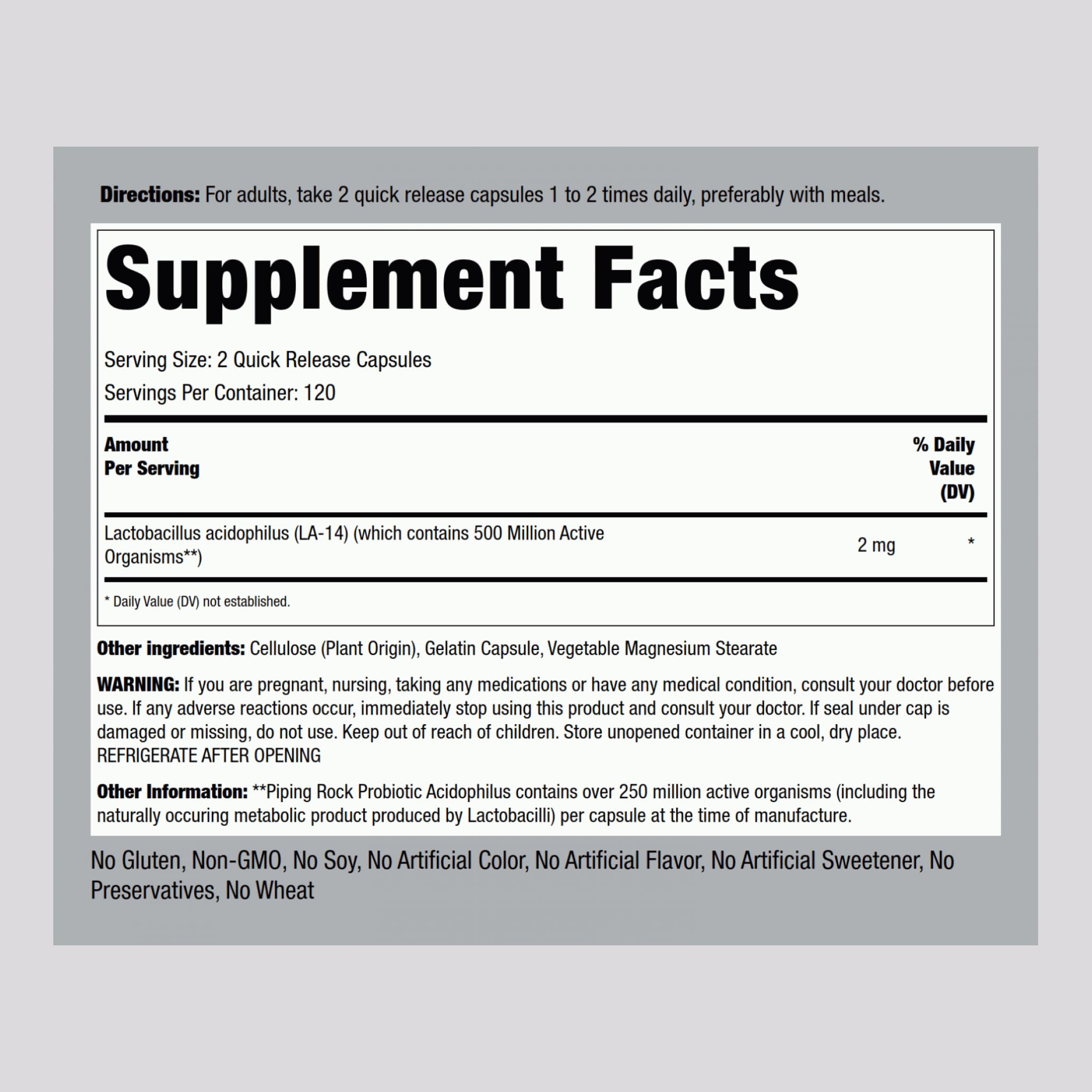 Piping Rock Probiotic Acidophilus packaging front emphasizes value in a two-pack