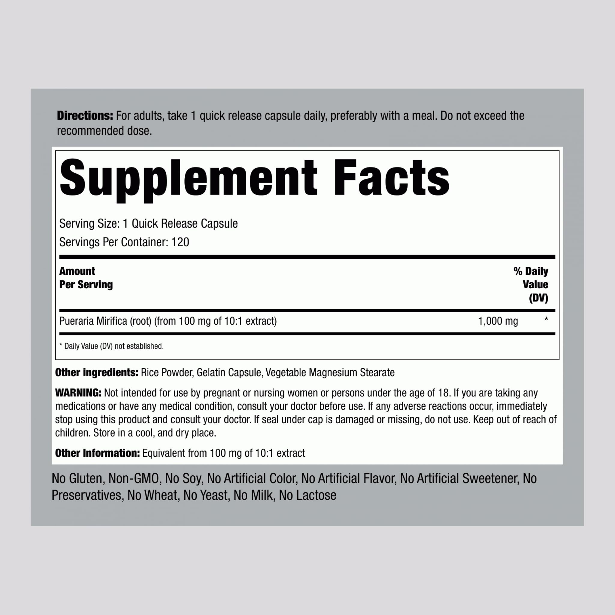 Close-up of Pueraria Mirifica 1000mg label on bottle