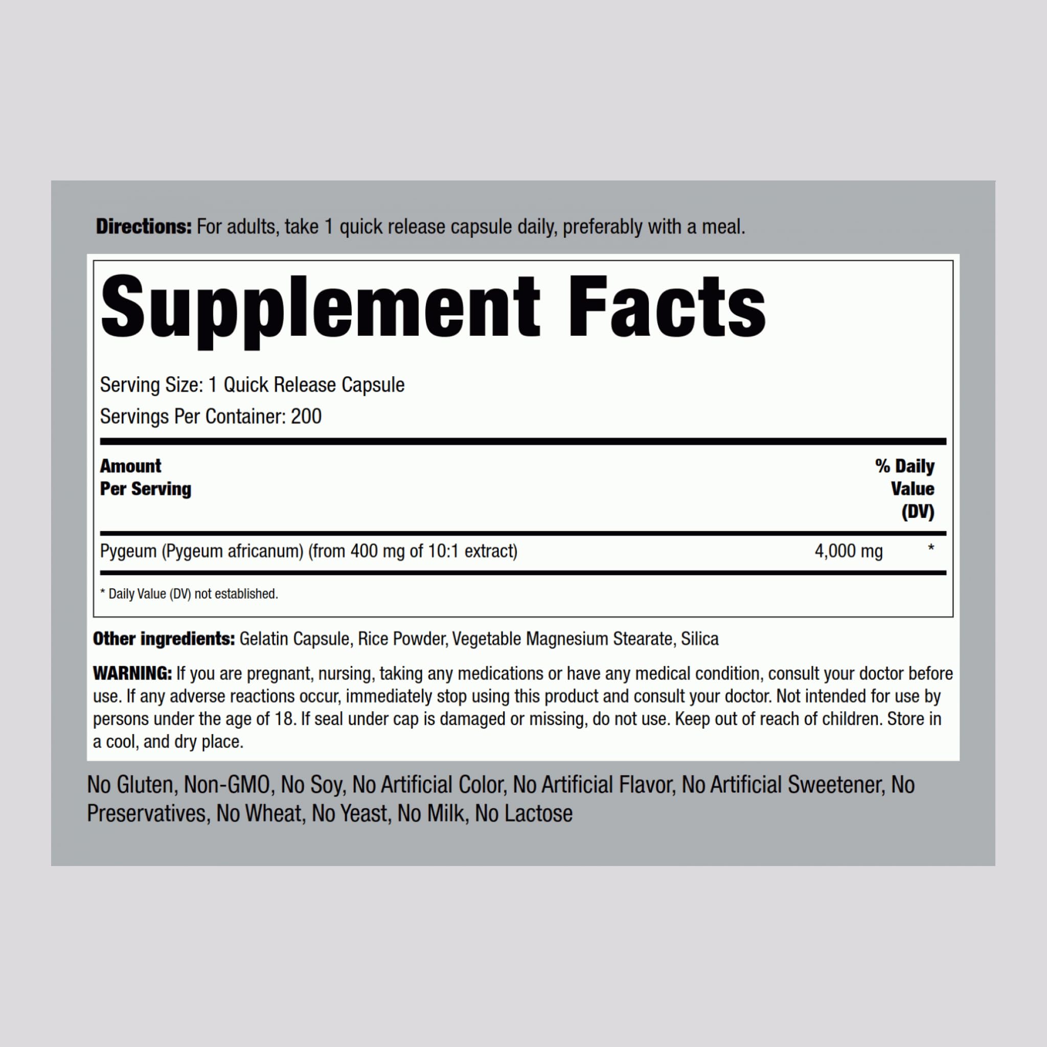 Pygeum supplement bottle label close-up