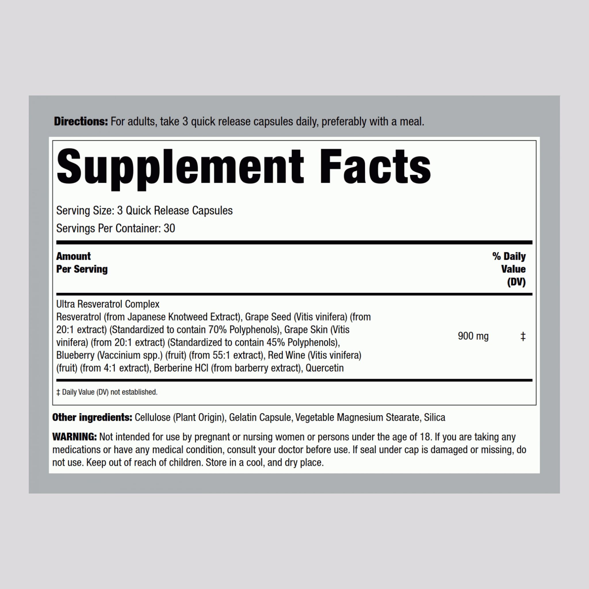 Front view of Piping Rock Resveratrol Berberine Grape Seed Quercetin Complex bottle