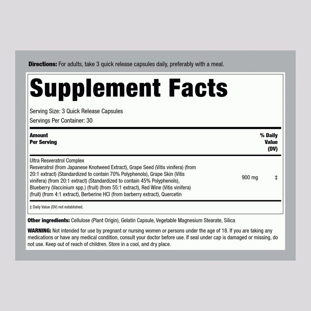 Front view of Piping Rock Resveratrol Berberine Grape Seed Quercetin Complex bottle