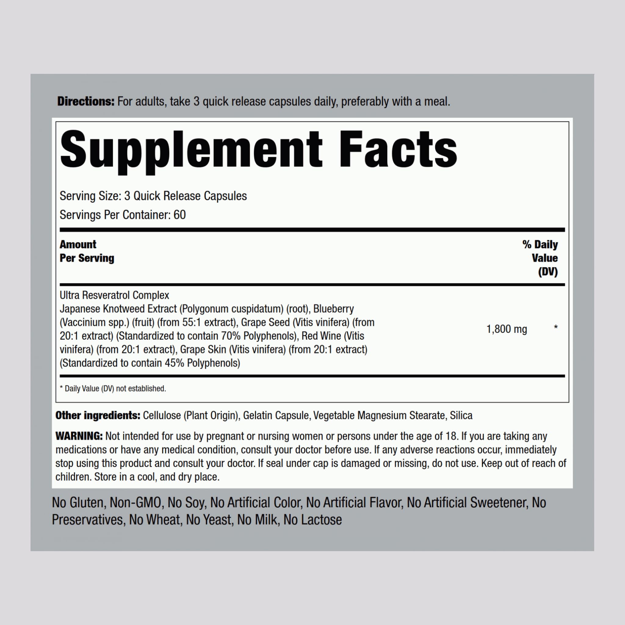 Close-up of Piping Rock Resveratrol Complex packaging showing Non-GMO and Gluten Free labels