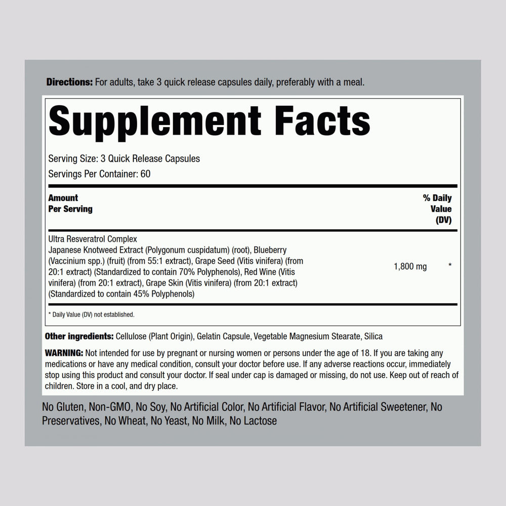 Close-up of Piping Rock Resveratrol Complex packaging showing Non-GMO and Gluten Free labels