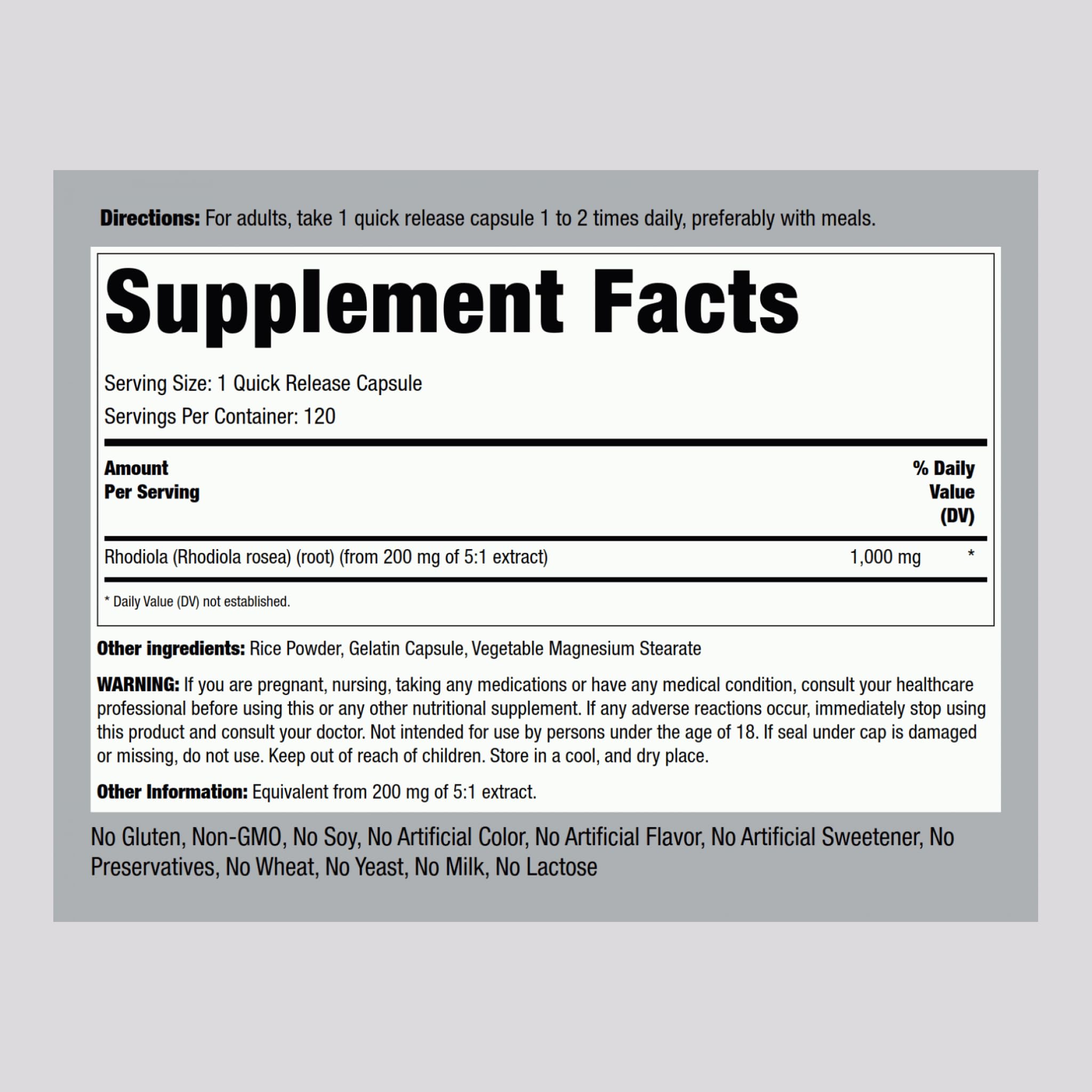 Label close-up showing Rhodiola Rosea 1000mg and 120 capsules