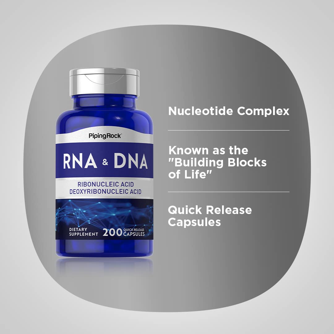 Piping Rock RNA DNA supplement label shows trusted ingredients and non-GMO, gluten-free certification.