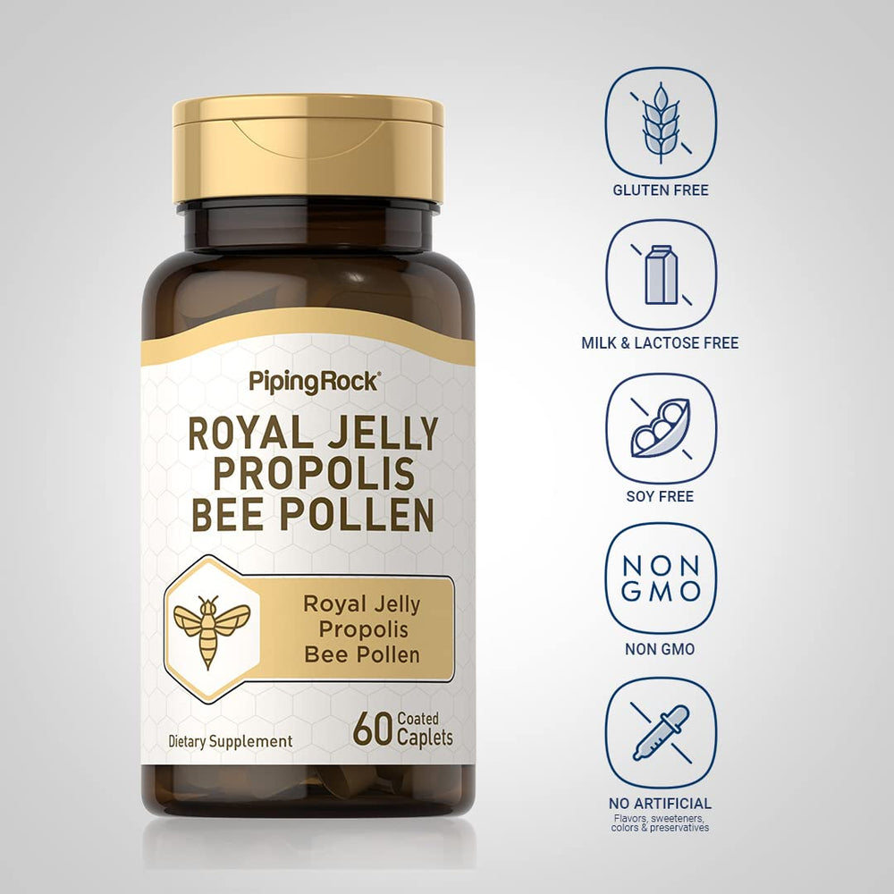 Piping Rock Royal Jelly Propolis Bee Pollen caplets ready for daily routine.