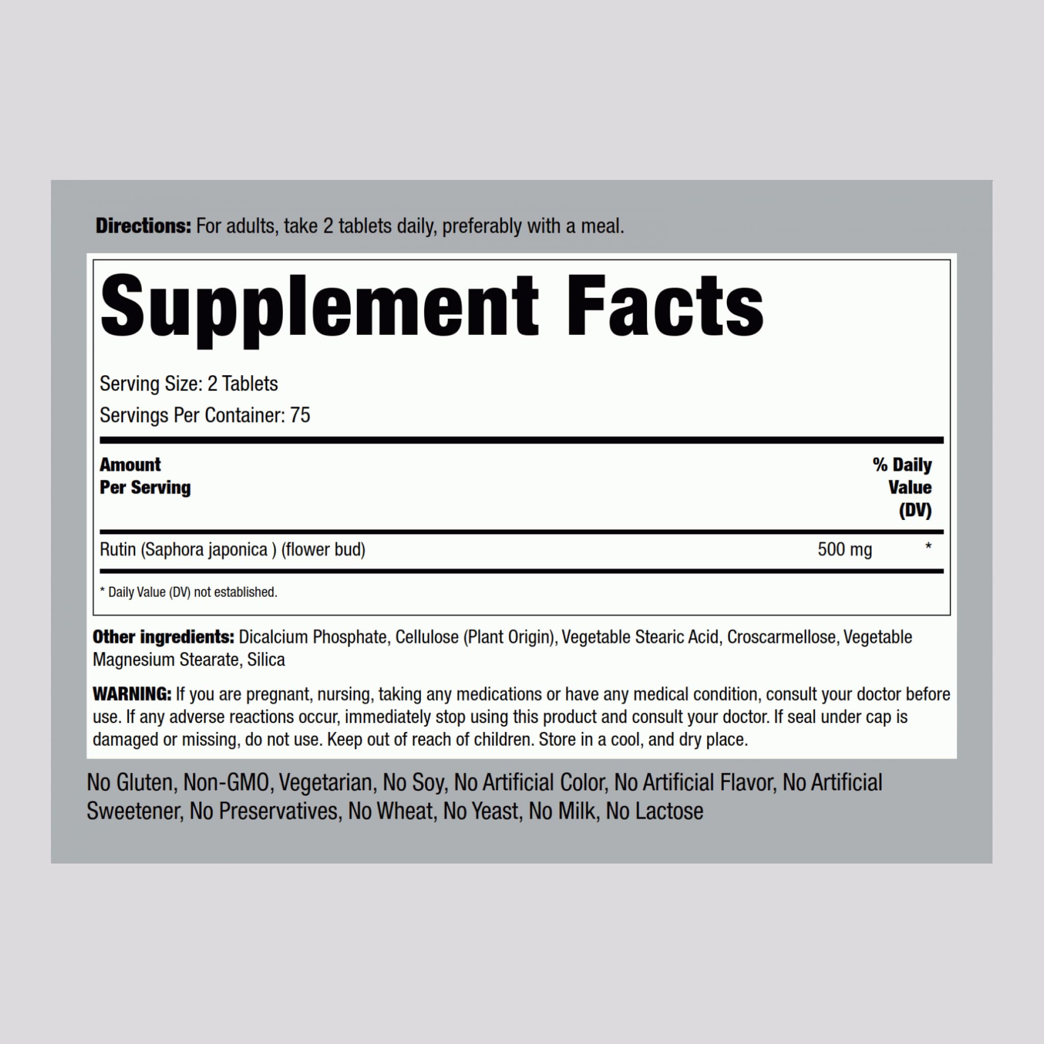 Close-up of Piping Rock Rutin 500mg label