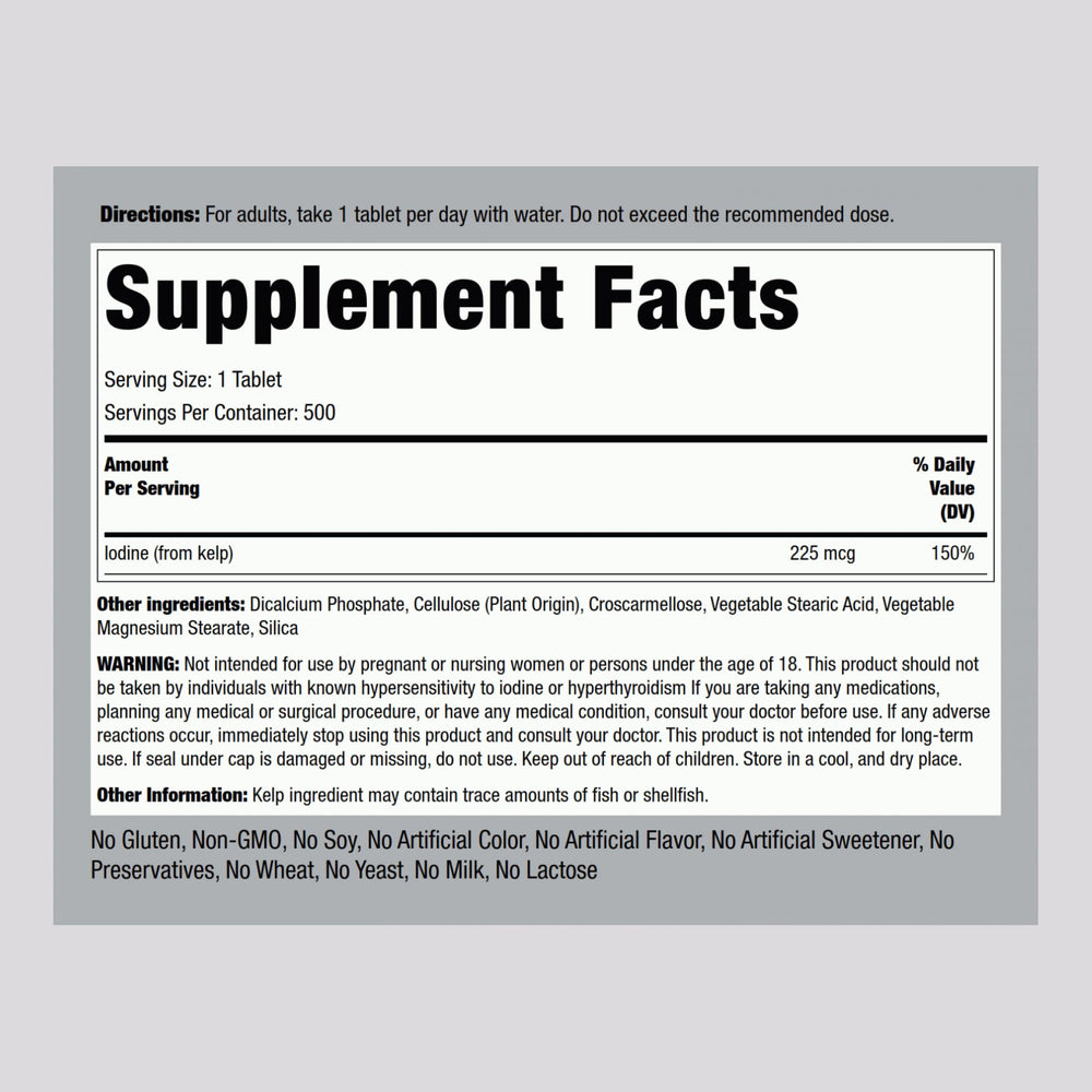 Nutrition label showing iodine content on Piping Rock bottle