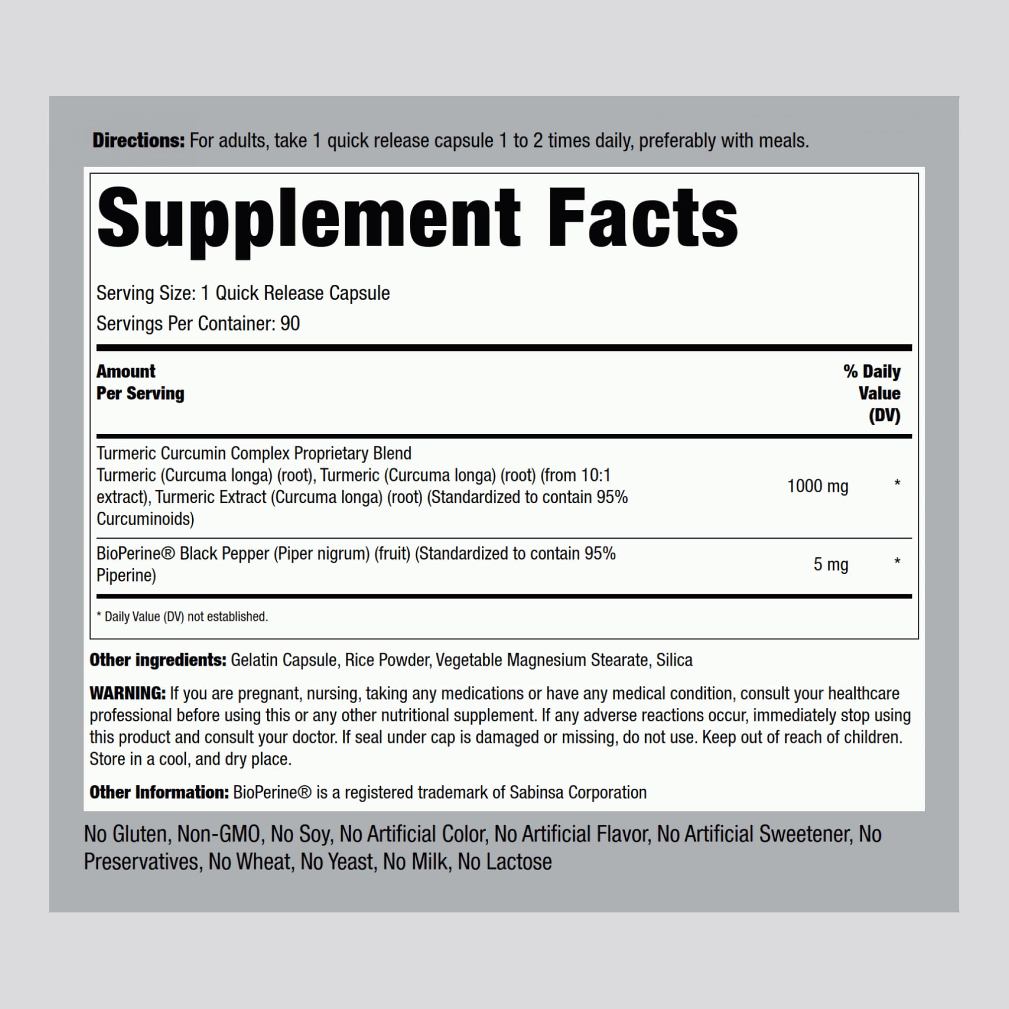 Front view of Piping Rock Turmeric Curcumin 1000mg bottle