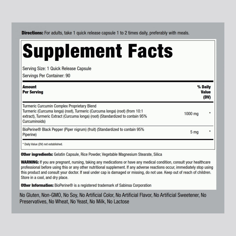 Front view of Piping Rock Turmeric Curcumin 1000mg bottle
