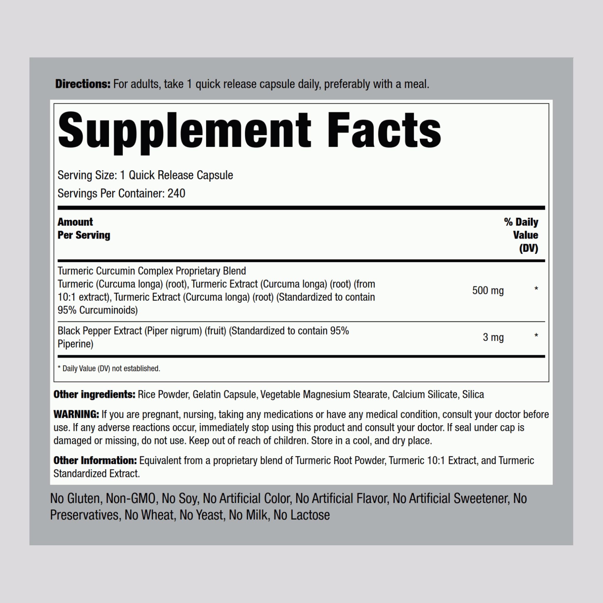 Turmeric Curcumin 500 mg capsules inside bottle