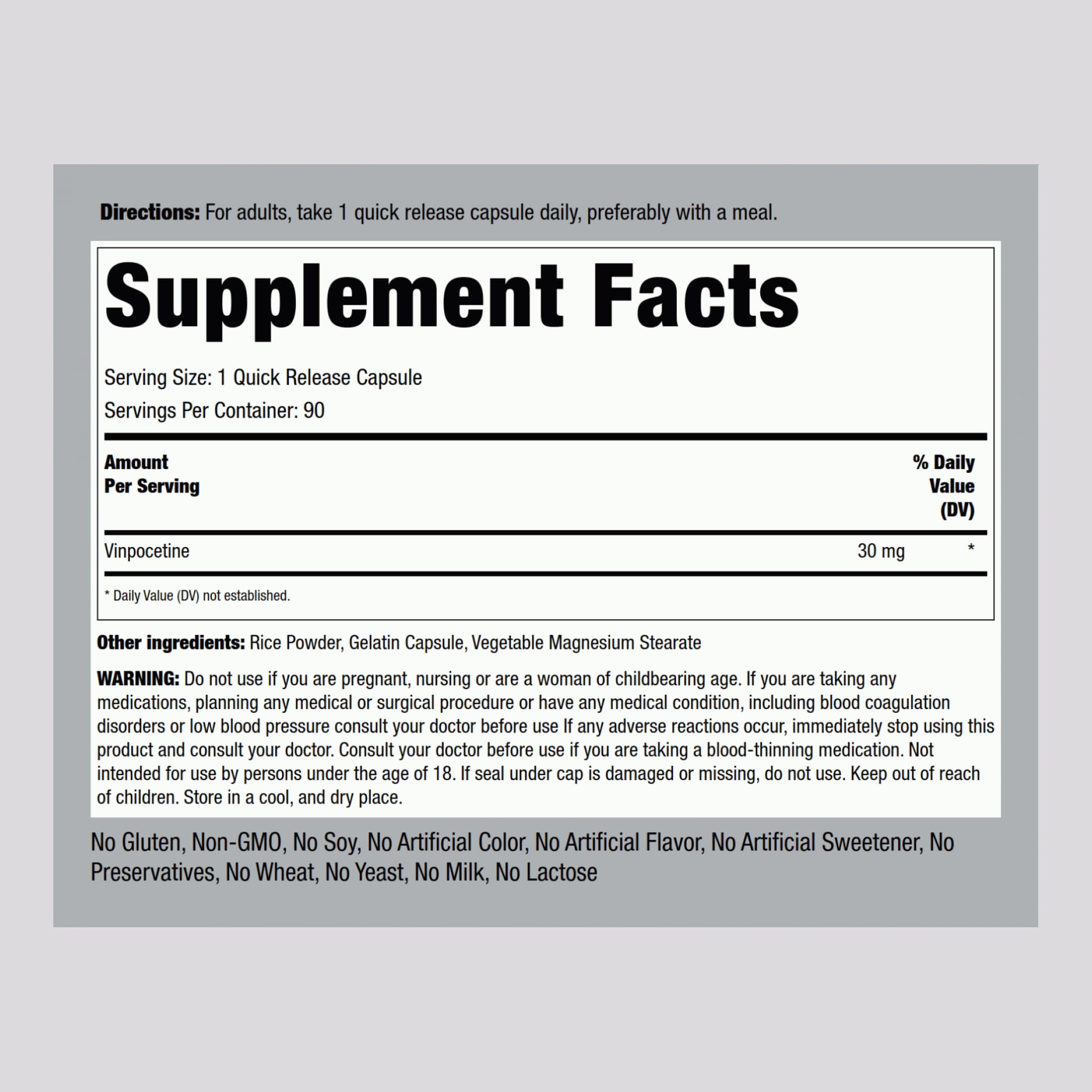 Close-up of Vinpocetine 30mg bottle label