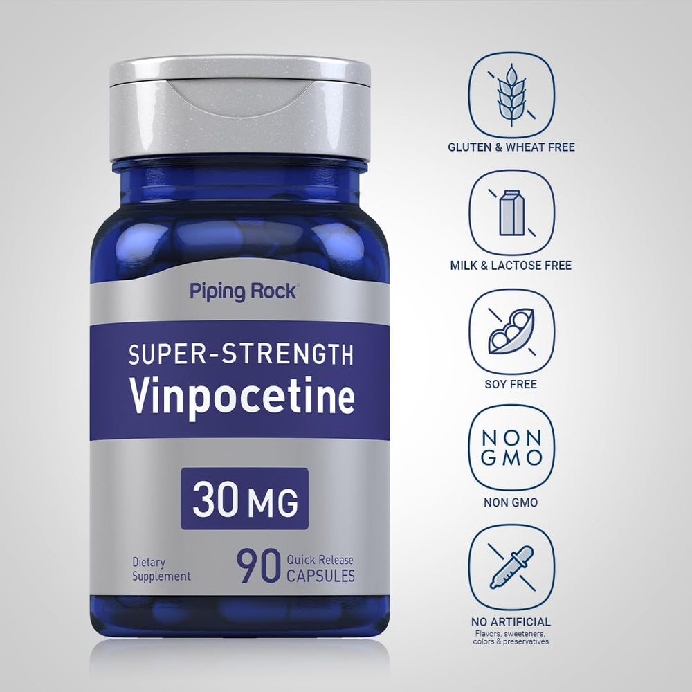 Front packaging of Piping Rock Vinpocetine 30mg 90 capsules