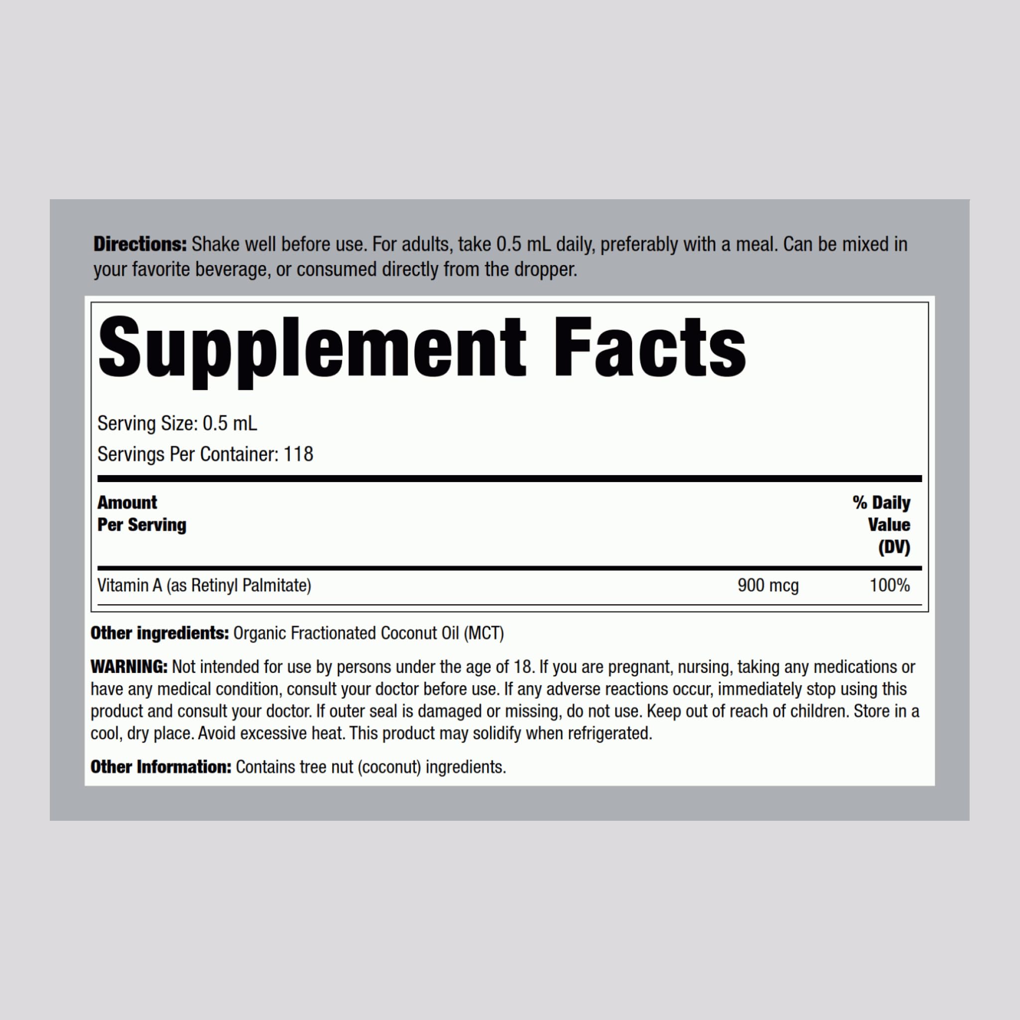 Vitamin A Liquid label showing 3,000 IU per serving