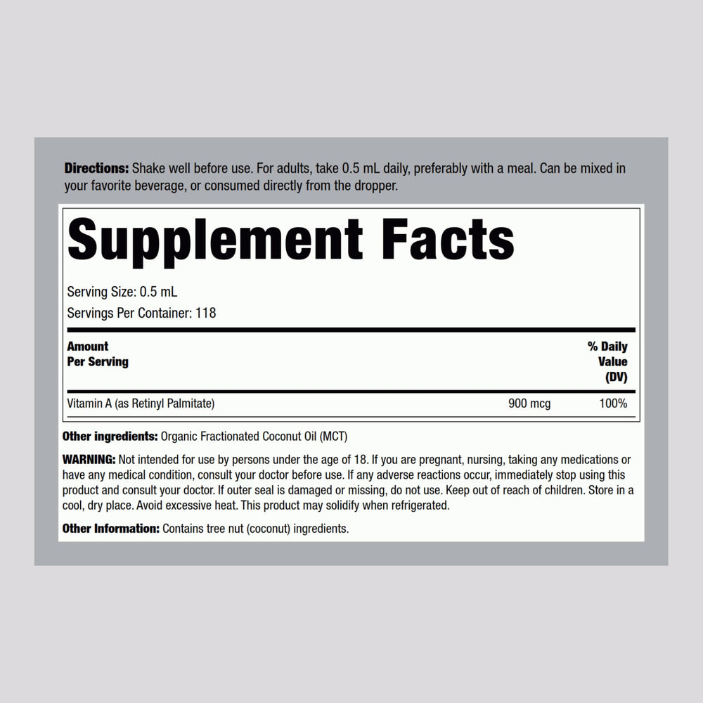 Vitamin A Liquid label showing 3,000 IU per serving