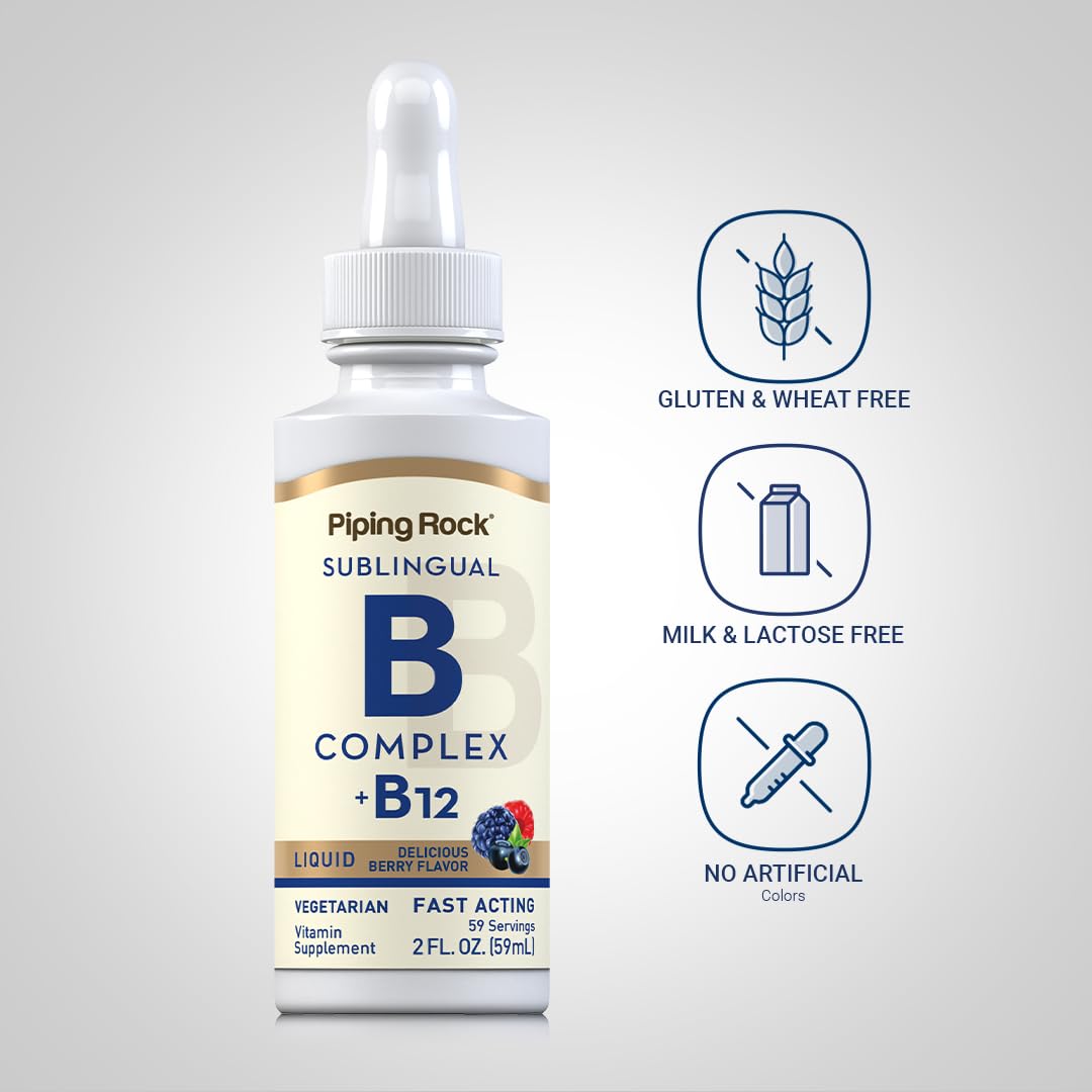 Berry flavor Vitamin B Complex liquid drops bottle close-up