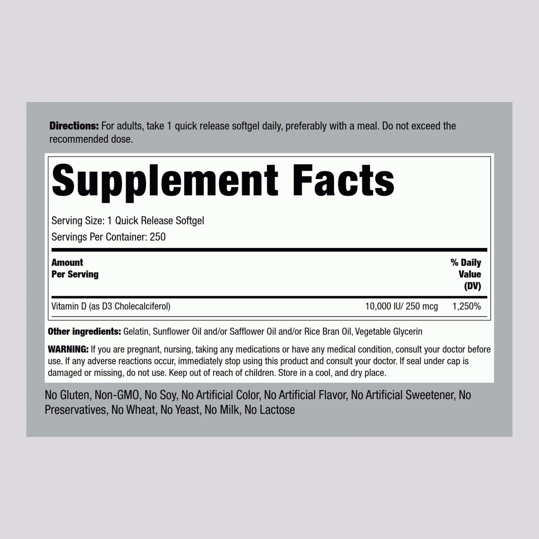 Label showing 10000 IU per serving on Vitamin D3 bottle